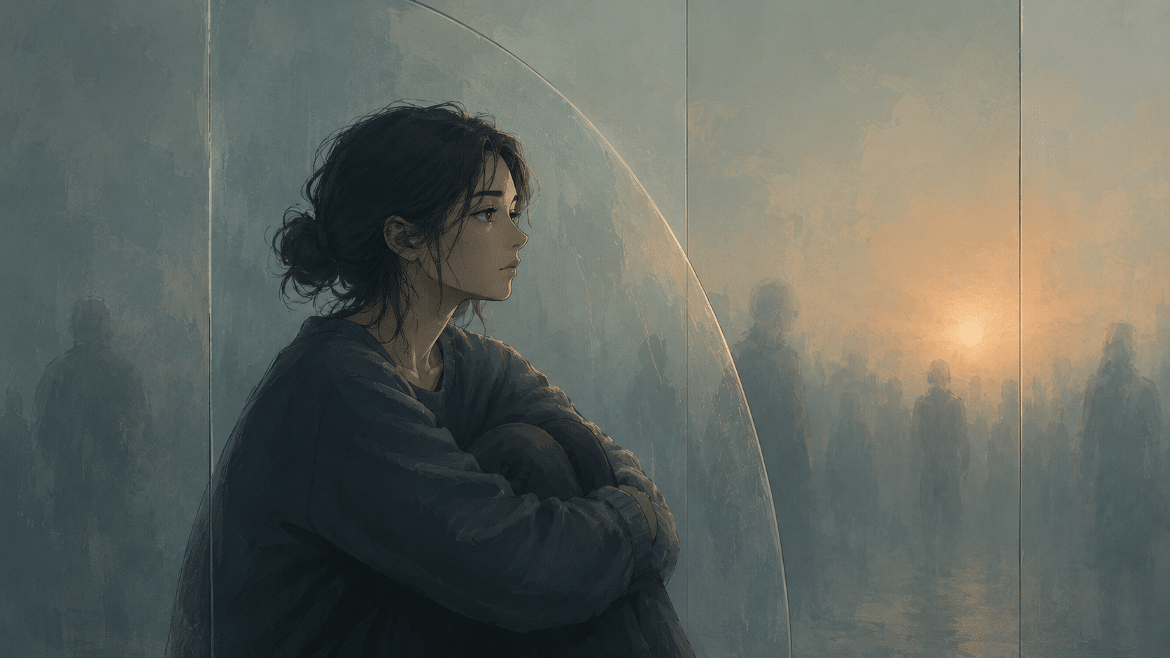 illustrated young woman sits behind a translucent barrier, gazing into the distance as emotion feels just out of reach.