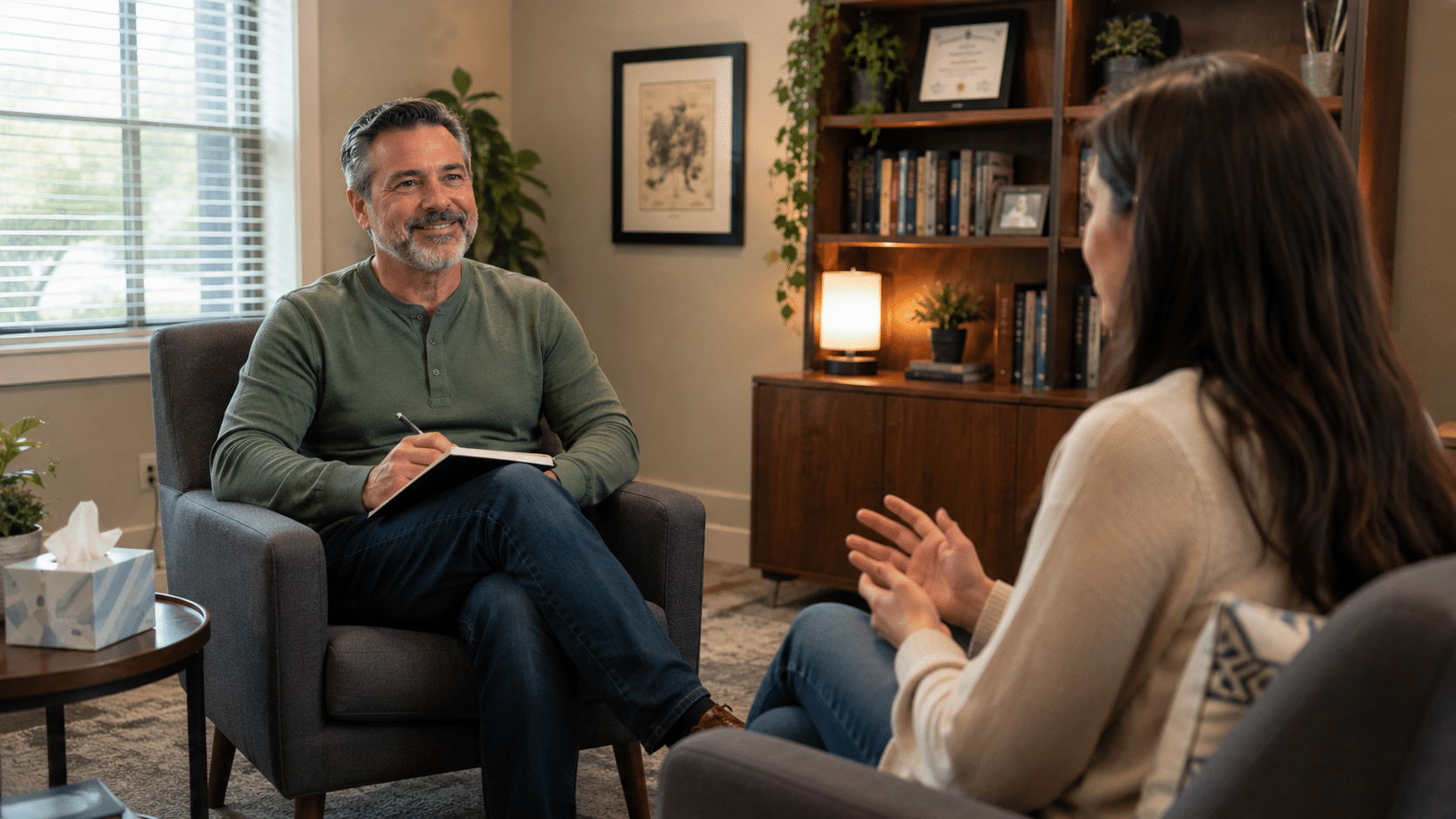 therapist smiles while talking with a patient in a bright, modern counseling office with warm lighting and comfortable seating.