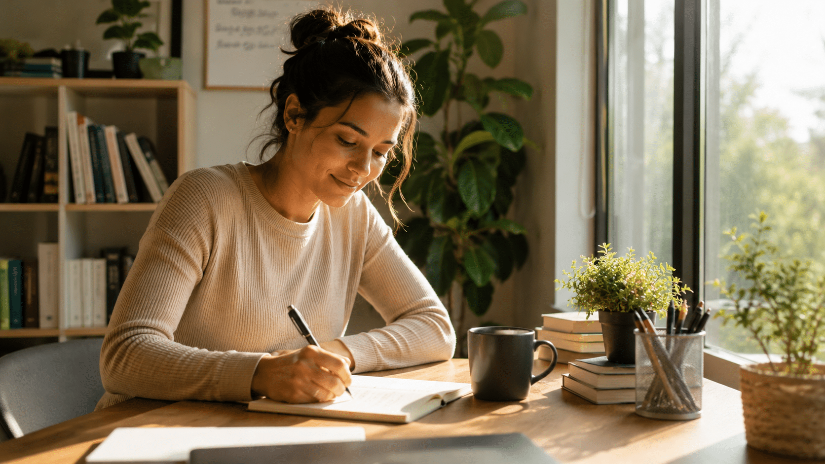 girl writing in a notebook at a clean desk by a sunlit window, creating a calm, focused workspace with warm natural light.