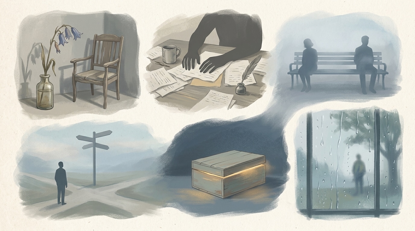 soft illustrations showing six quiet emotional moments representing common reasons for feeling empty inside