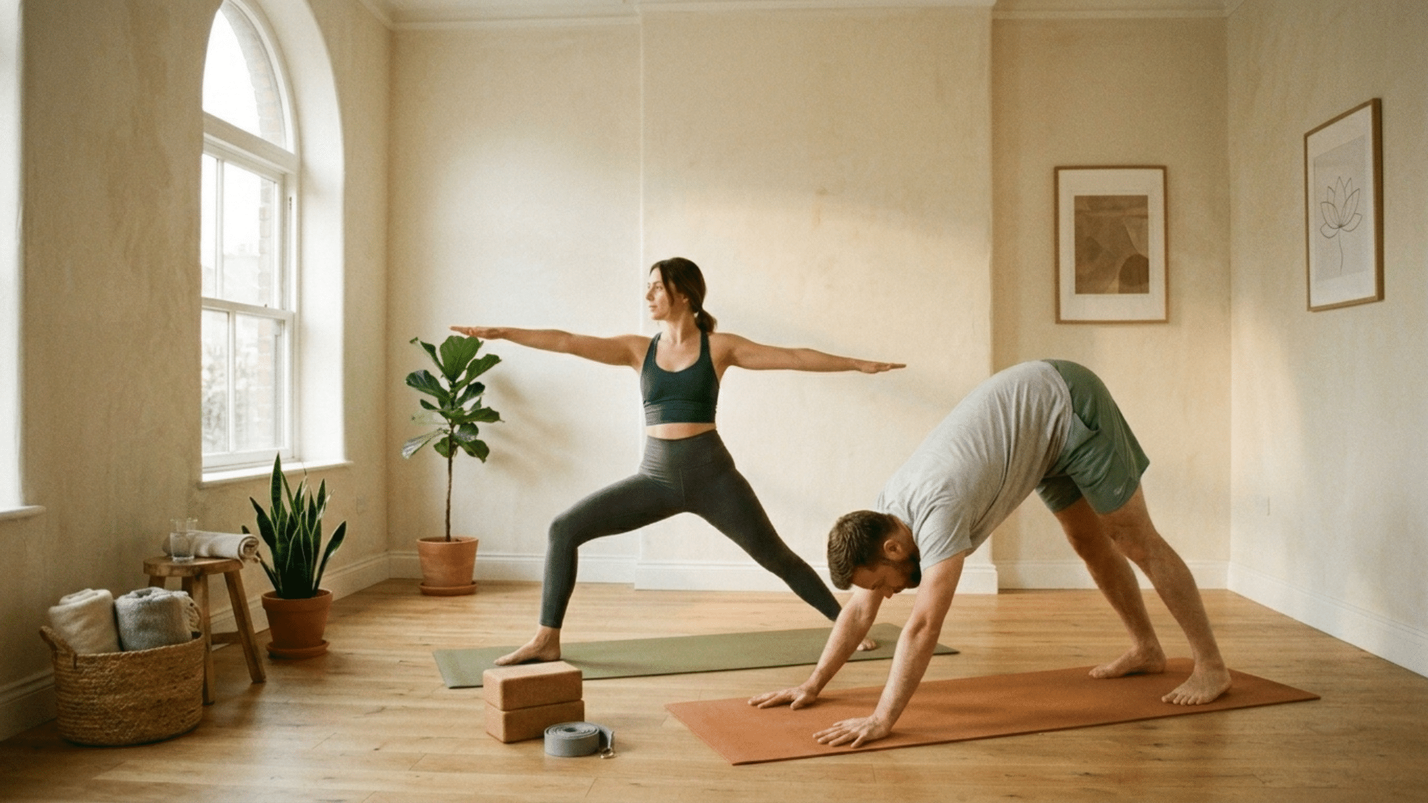 a man and a woman doing yoga in a minimal and beige room