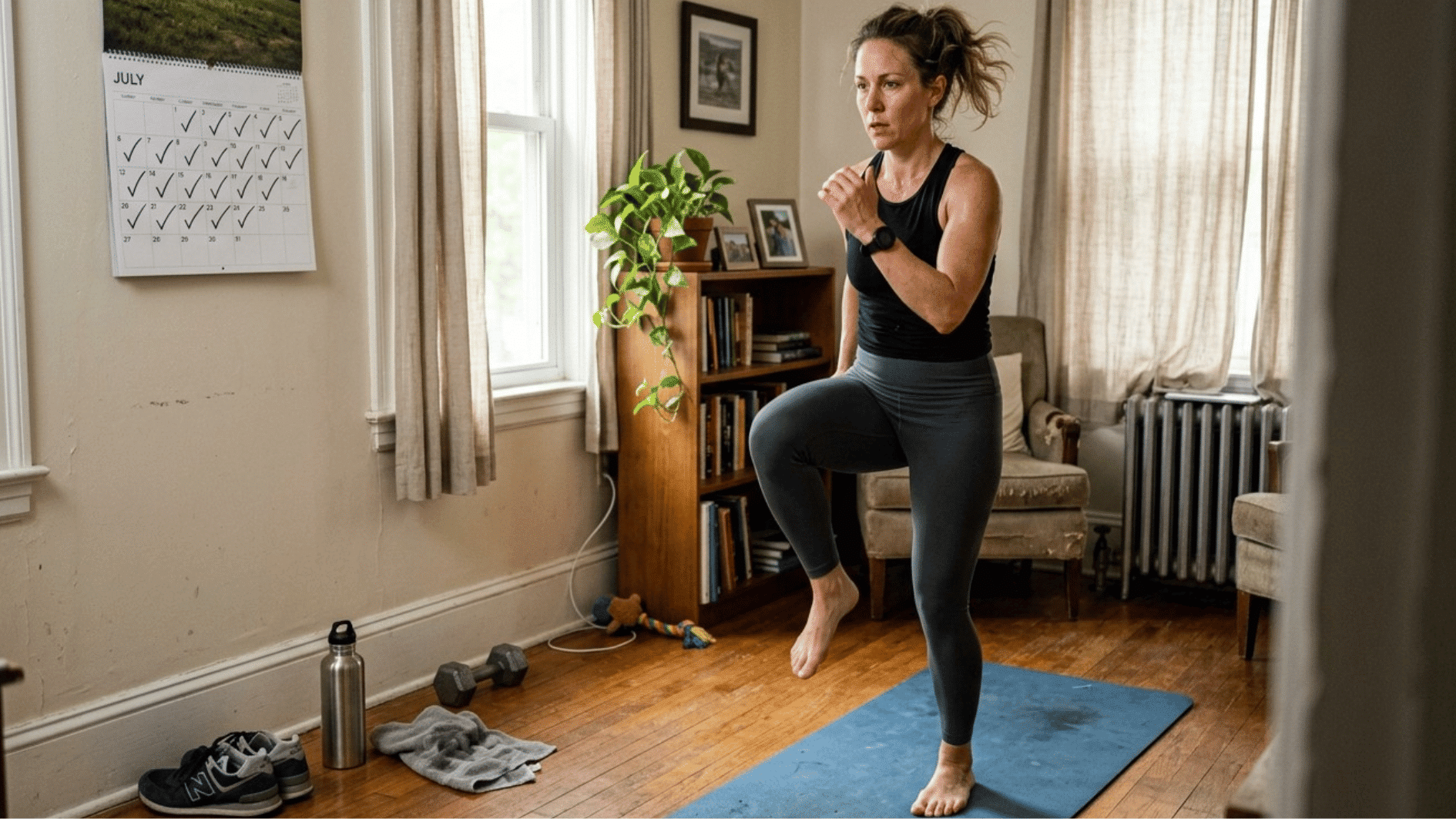 a woman working out in her home and marking days on calendar to stay consistent