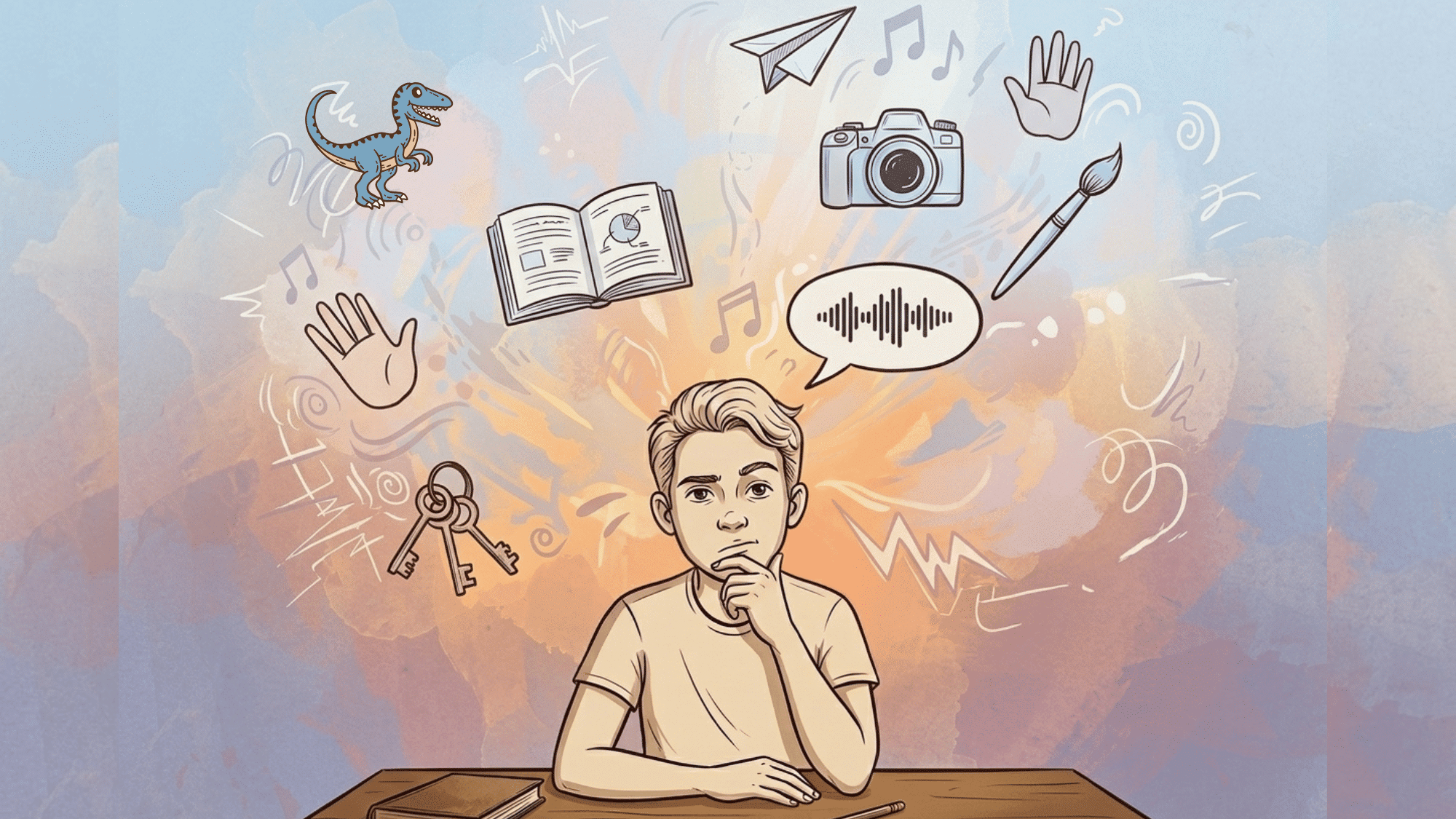 teen with adhd sits at a desk surrounded by floating thoughts, symbols, sounds, and distractions representing focus challenges.