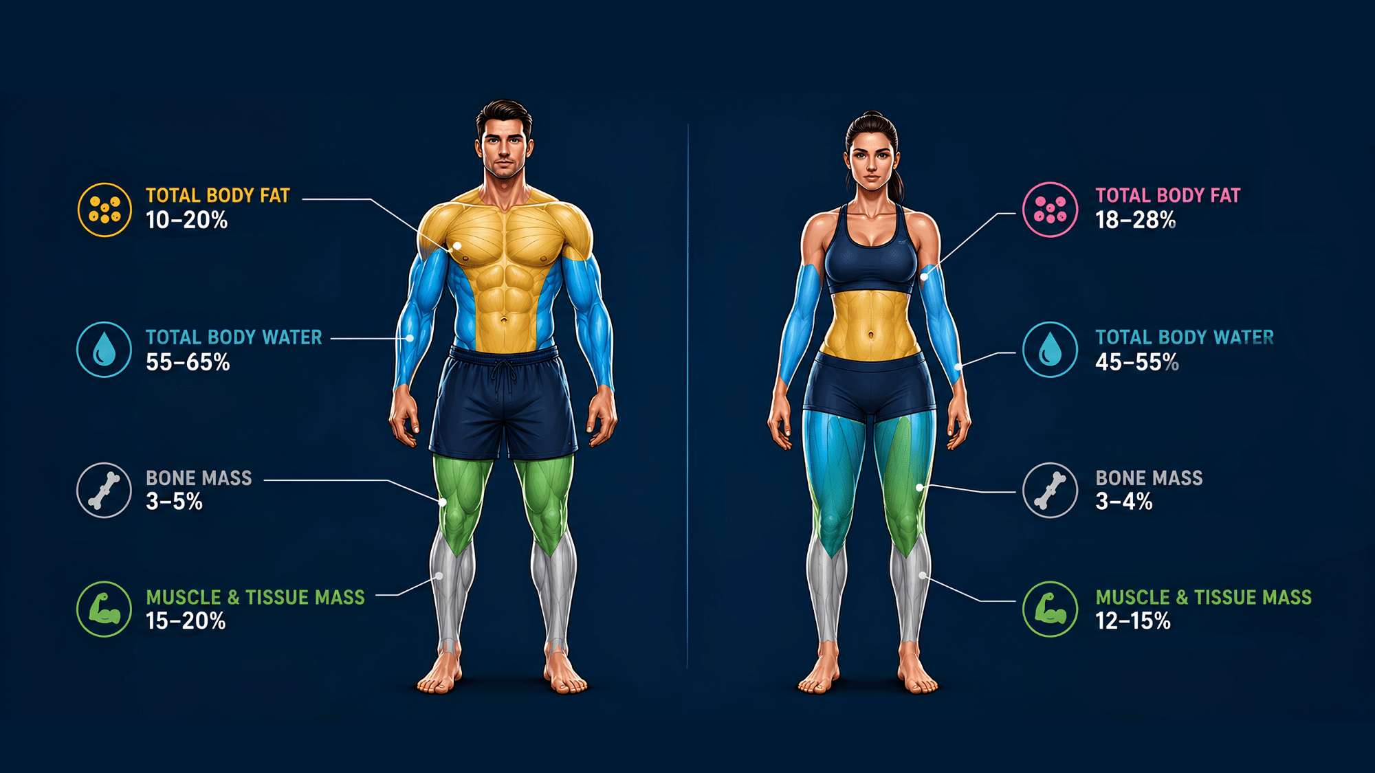 body composition chart of a female and a male body