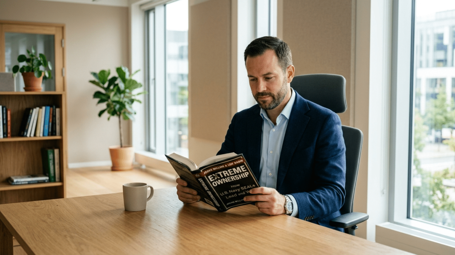 man in a blue blazer reading a book at a wooden desk in a bright office, with a mug of a coffee beside him.