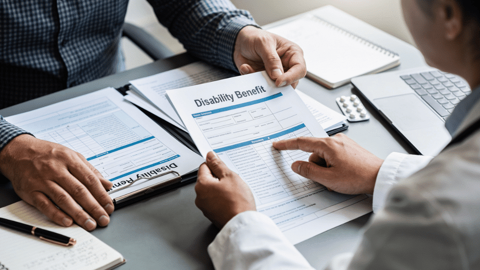 Disability benefit documents on a table representing the BPD claims process.