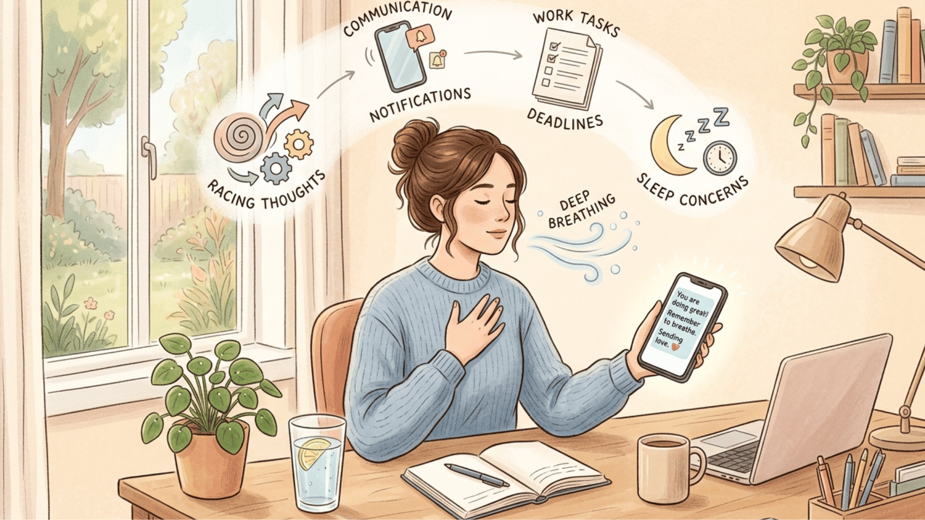 a calming illustration of a person managing anxiety in everyday situations
