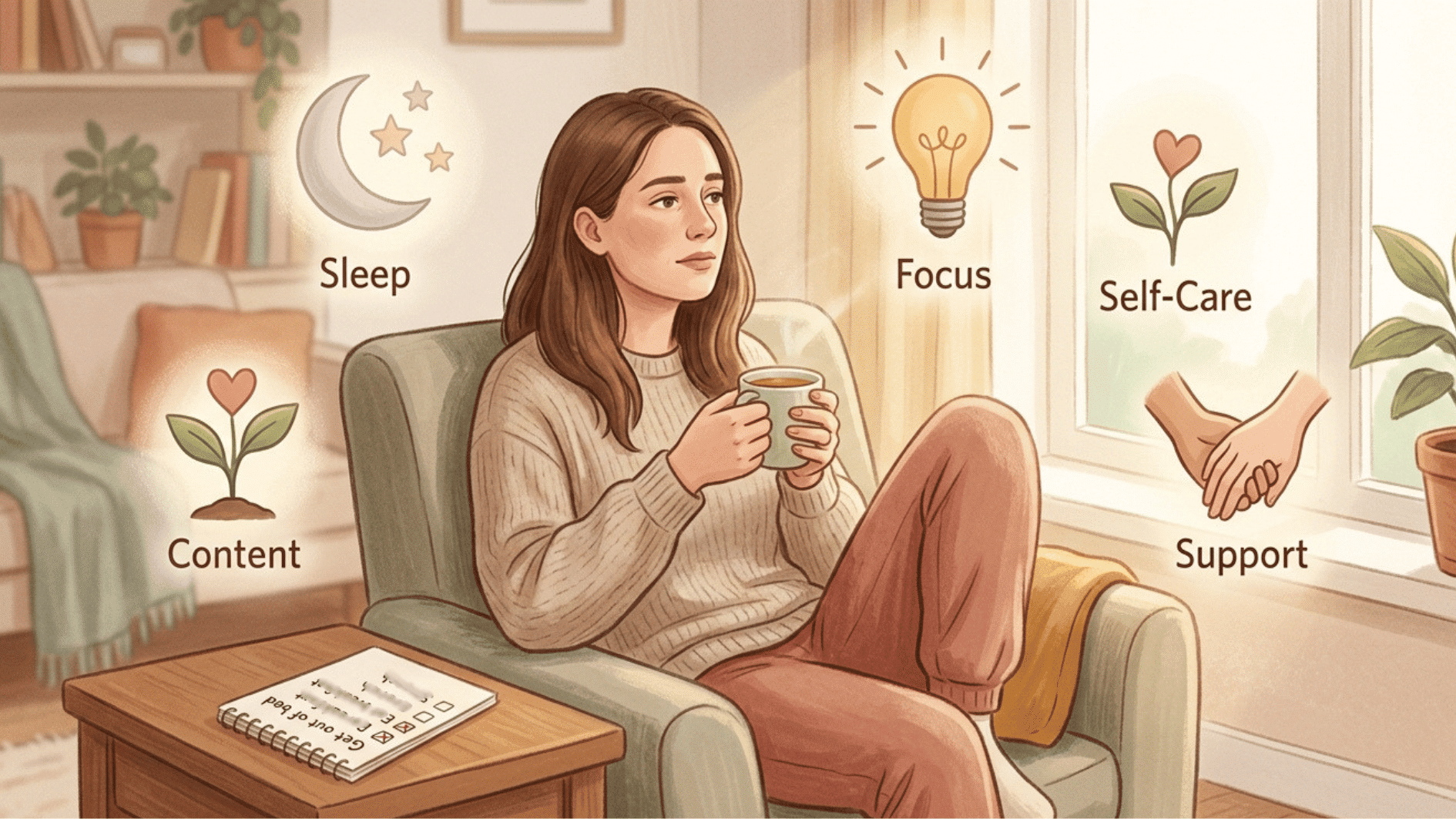 a person with daily responsibilities with visual icons for work, sleep, focus, communication, and self-care