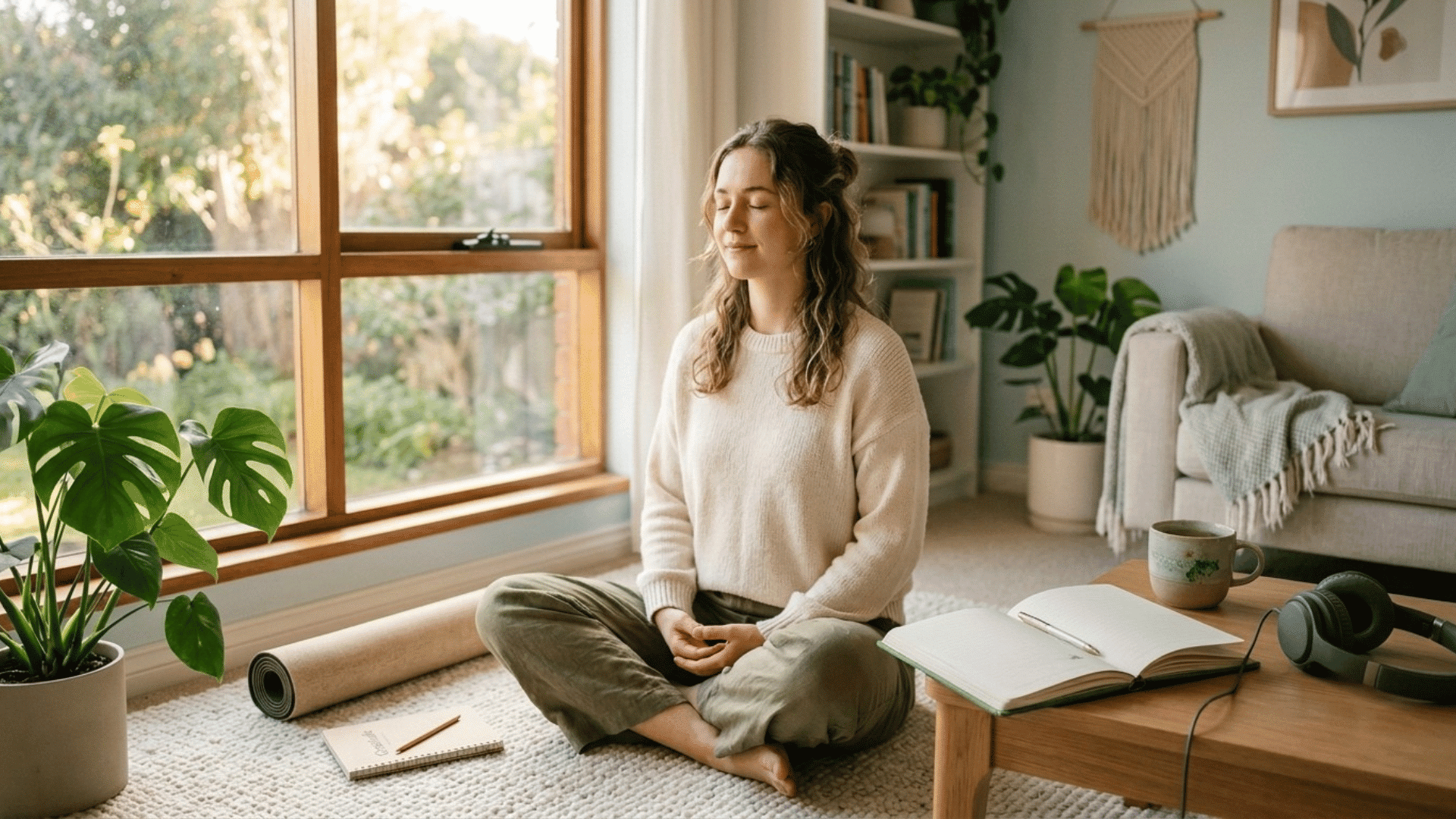 person using calming coping skills to manage anxiety in a peaceful room
