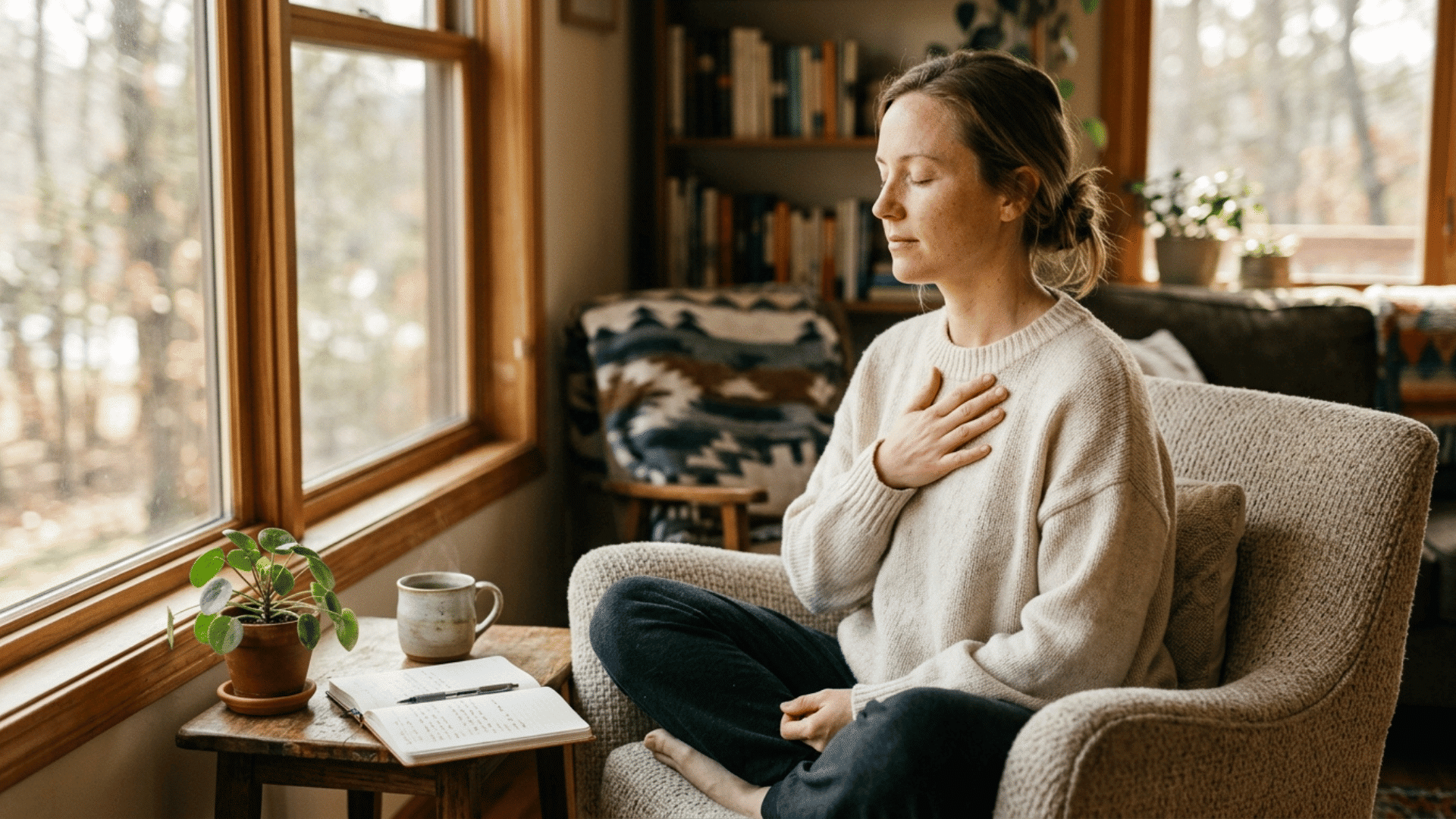 woman sitting by a sunlit window, eyes closed and hand on chest, calmly practicing self-care