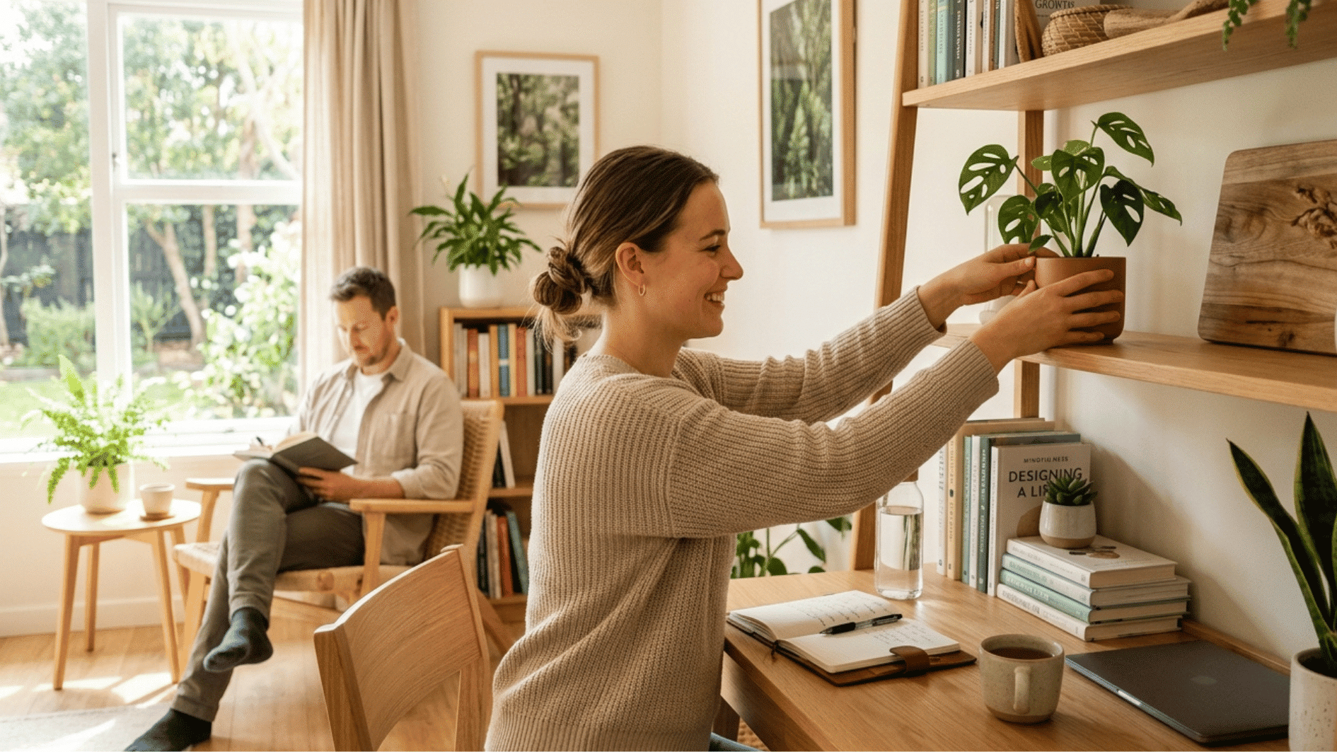 two people in a room creating a happy environment by reading and keeping plants