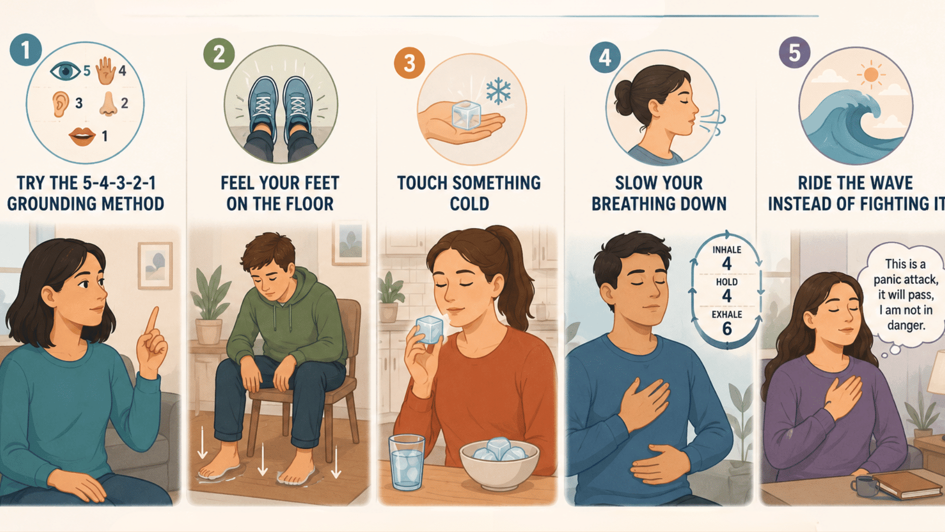 an illustration showing five ways to cope with panic attack