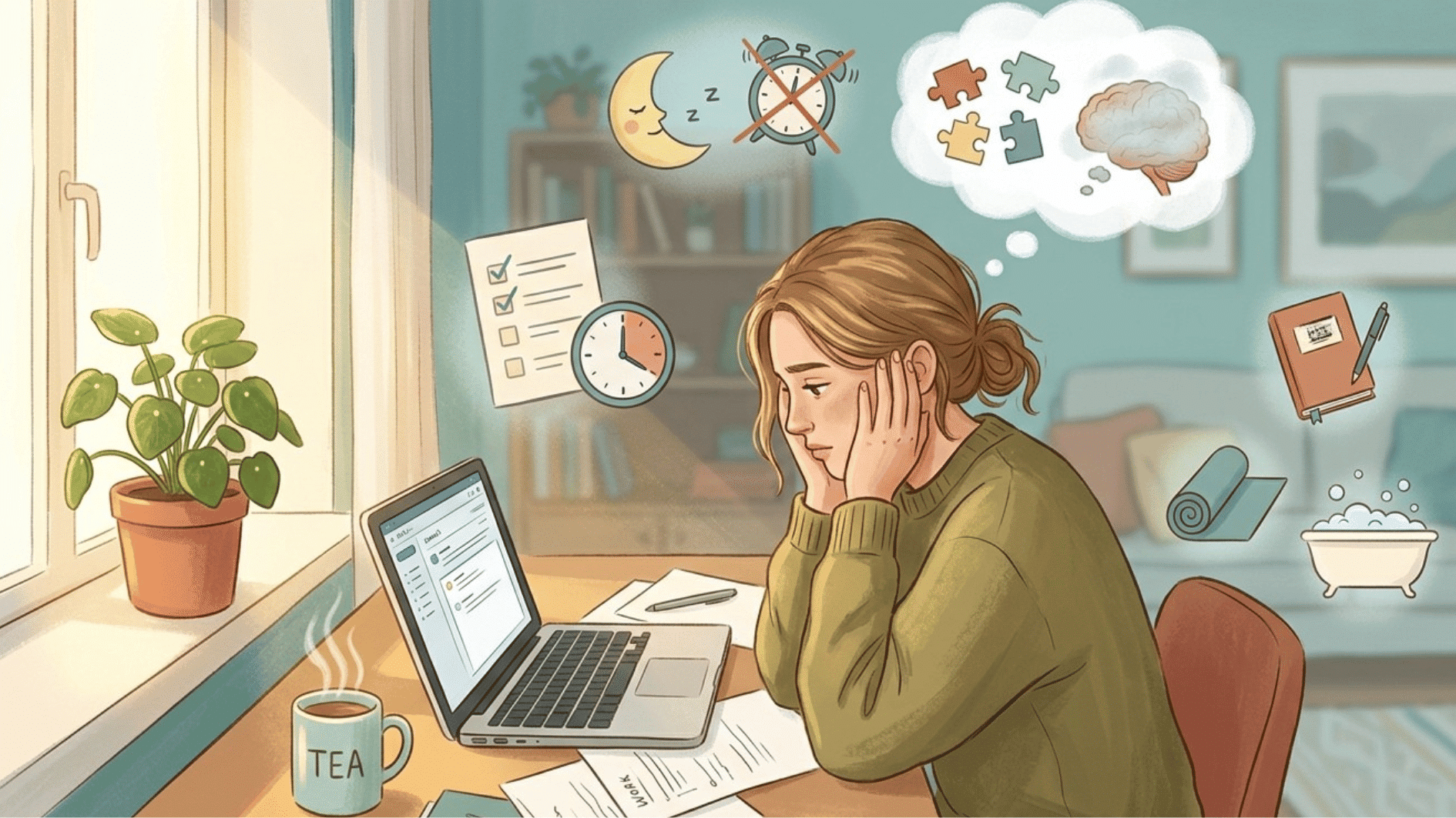 a person with depression sitting at a desk, appearing mentally exhausted while looking at work and daily-life responsibilities