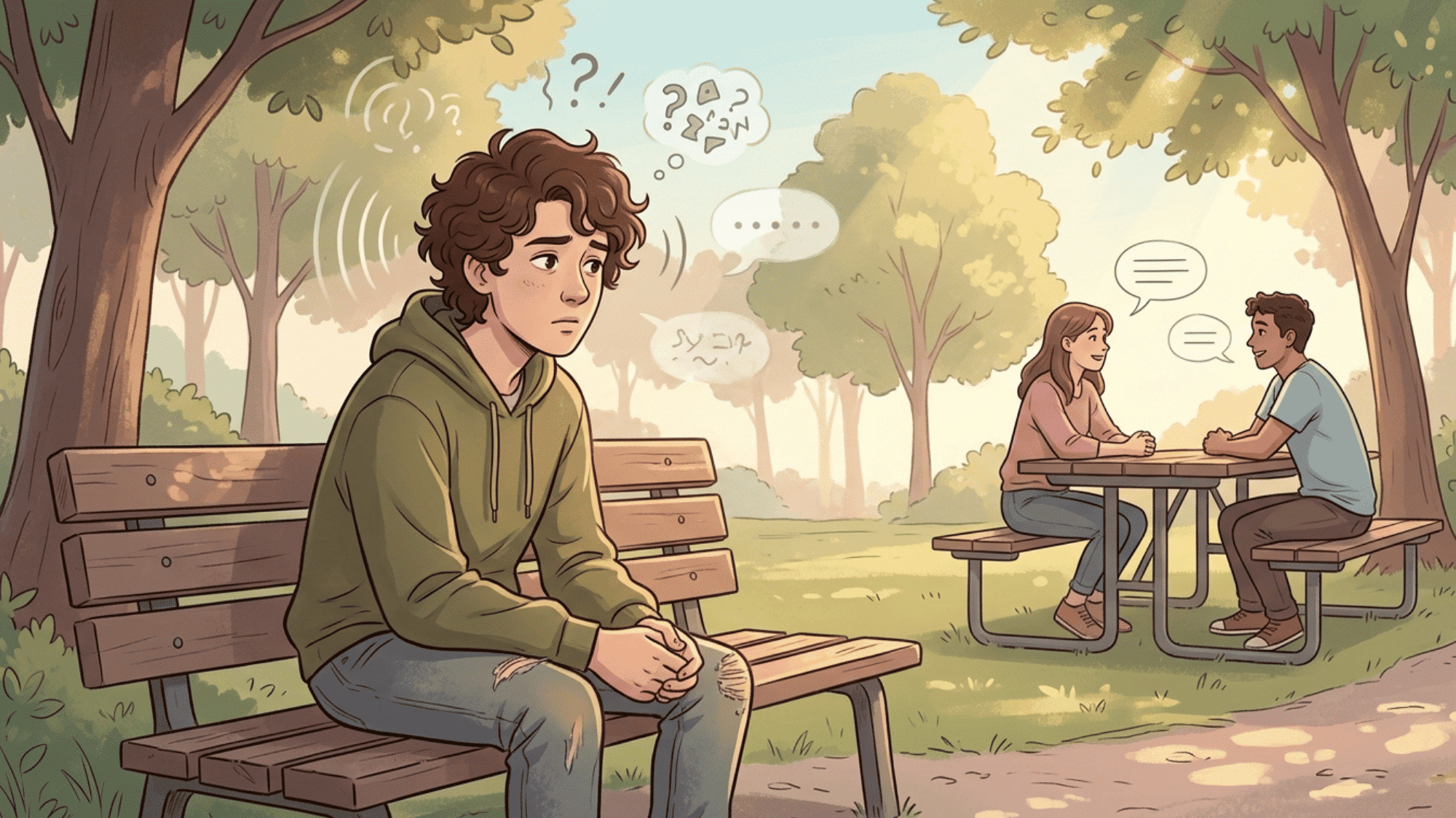young adult sitting alone in a park feeling overwhelmed while others socialize nearby