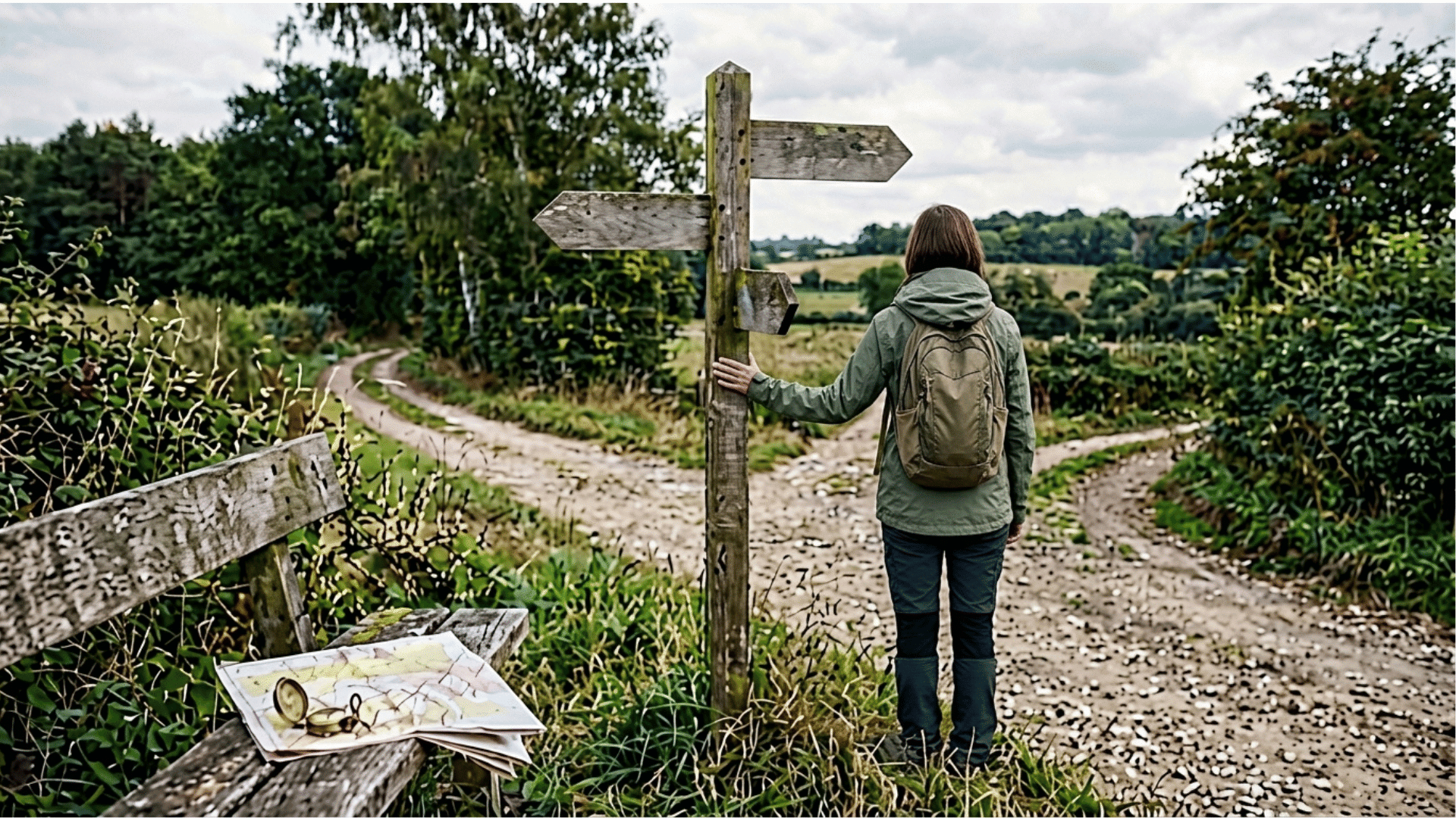 forked country road with blank signs, map, and compass symbolizing life choices