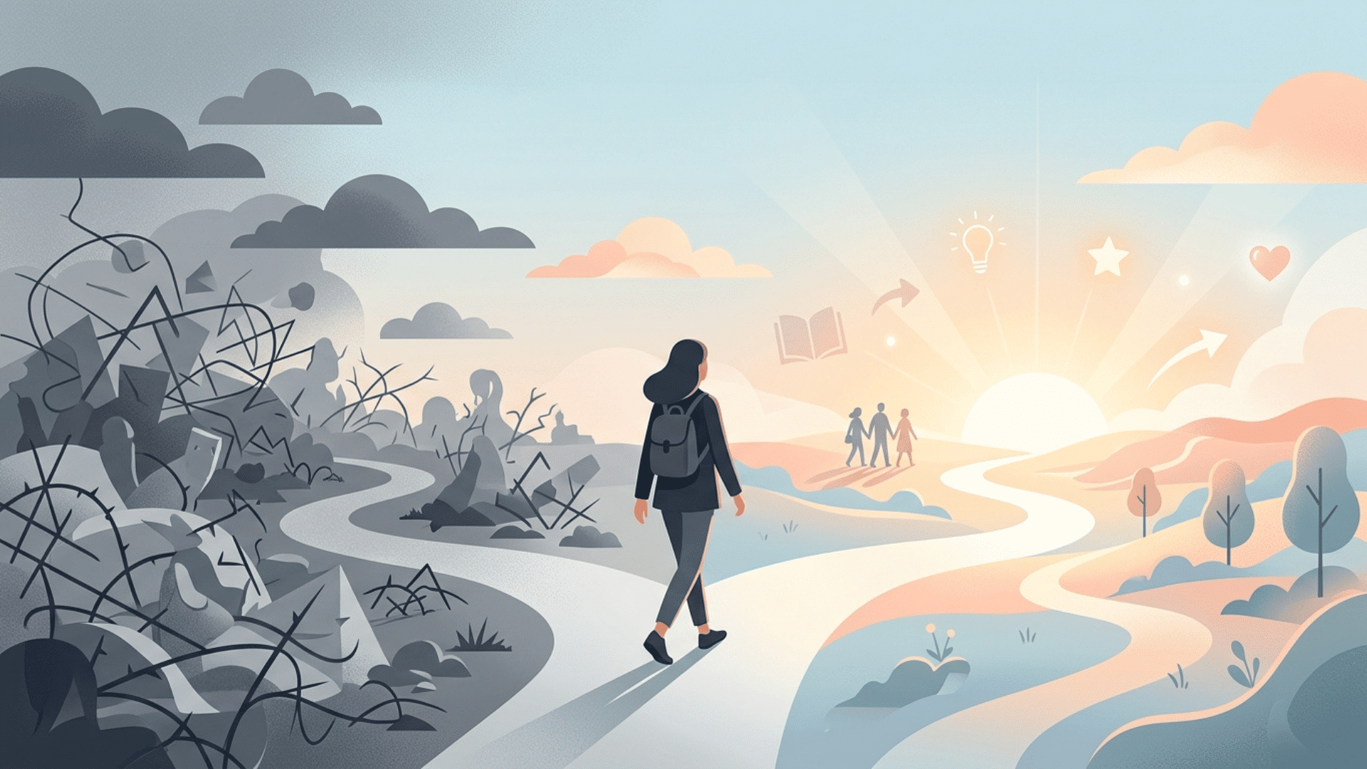 modern minimalist illustration of a person at a crossroads, moving from a cloudy, cluttered side into a bright, clear path, symbolizing confusion turning into clarity and growth
