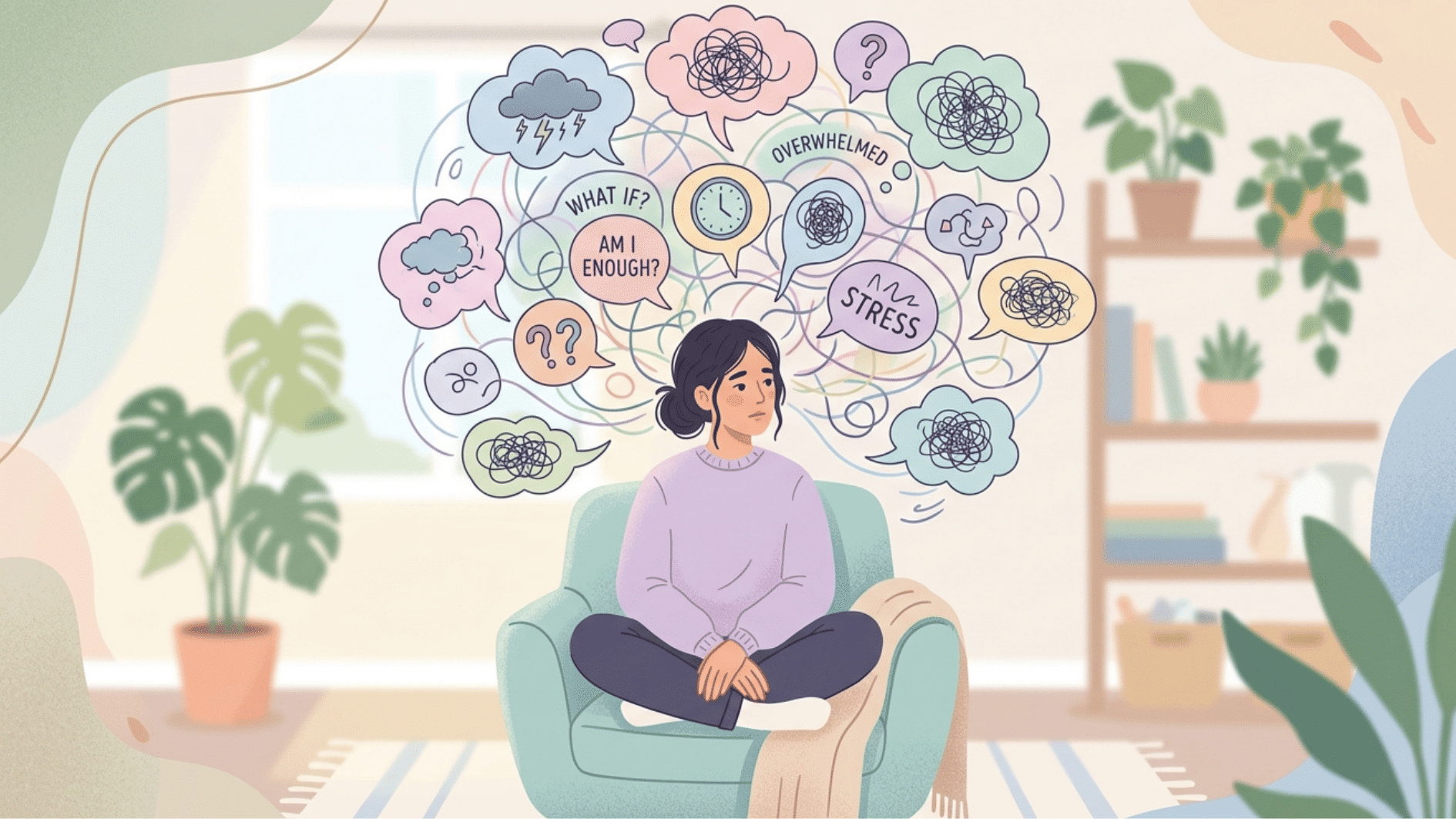 a person sitting with swirling thought bubbles and overlapping lines around their head