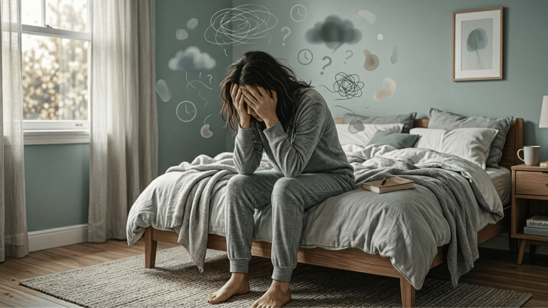 a person sitting on the edge of a bed and leaning slightly forward with both hands placed on their head