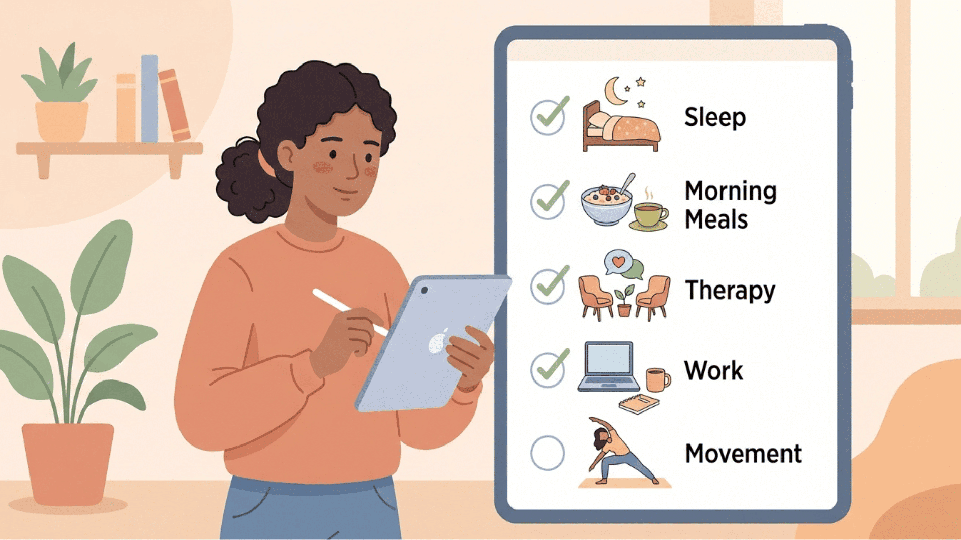 illustration showing a person standing beside a simple “daily life” scale or balance