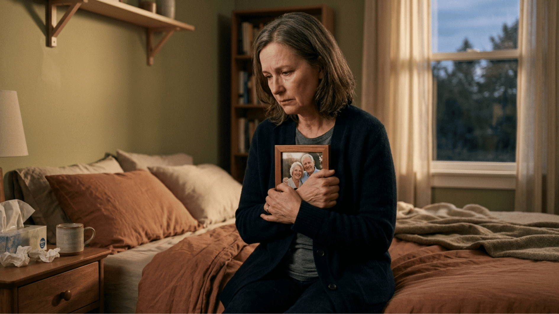 a old woman grieving alone in the room holding a photo frame in her hand