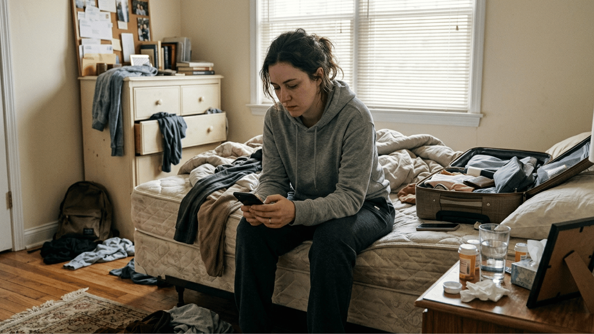 a person sitting alone in a simple bedroom, looking emotionally overwhelmed and tired, showing signs of compound grief
