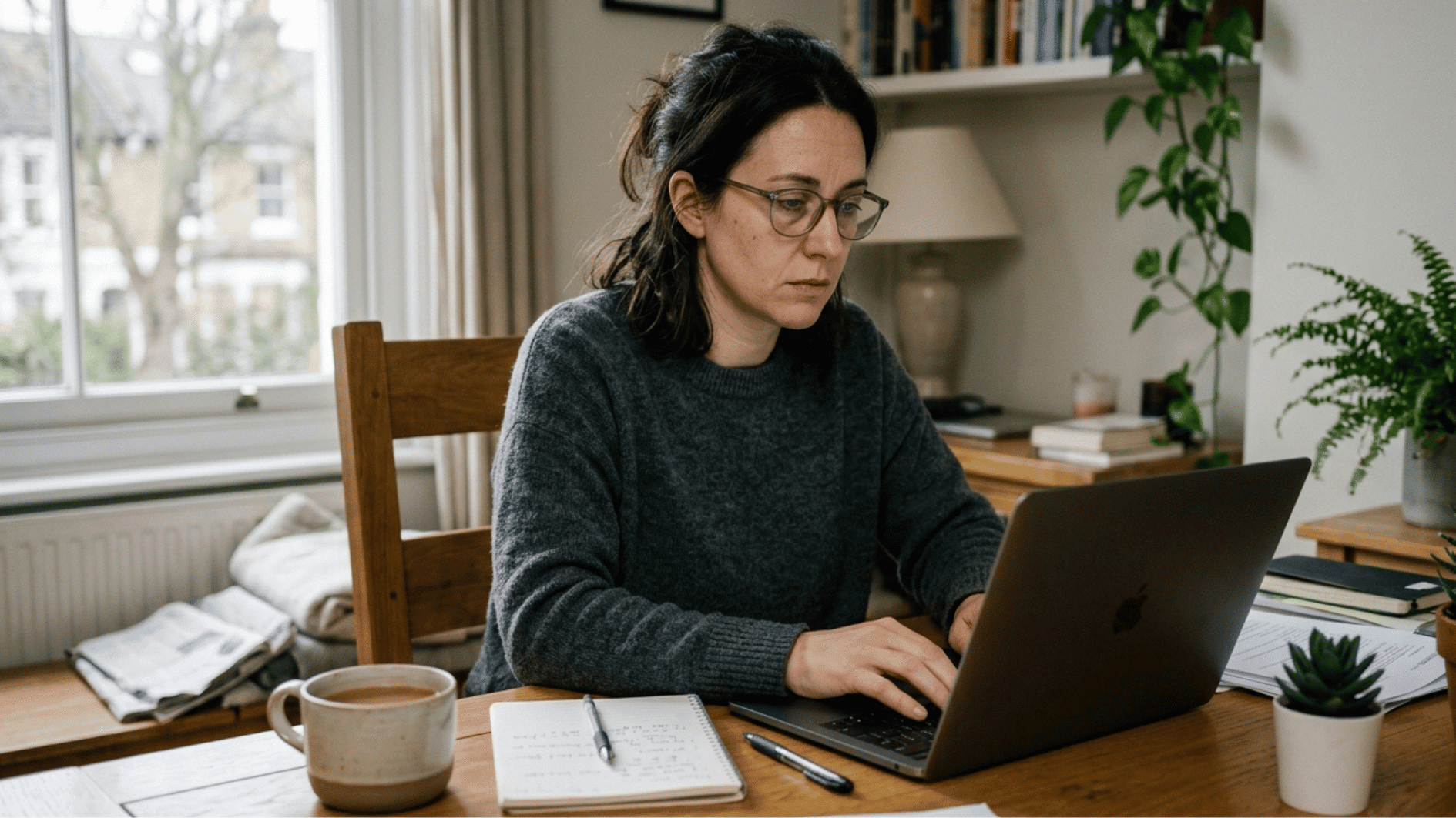 a young adult sitting alone near a window and working on the laptop with the depressed eyes