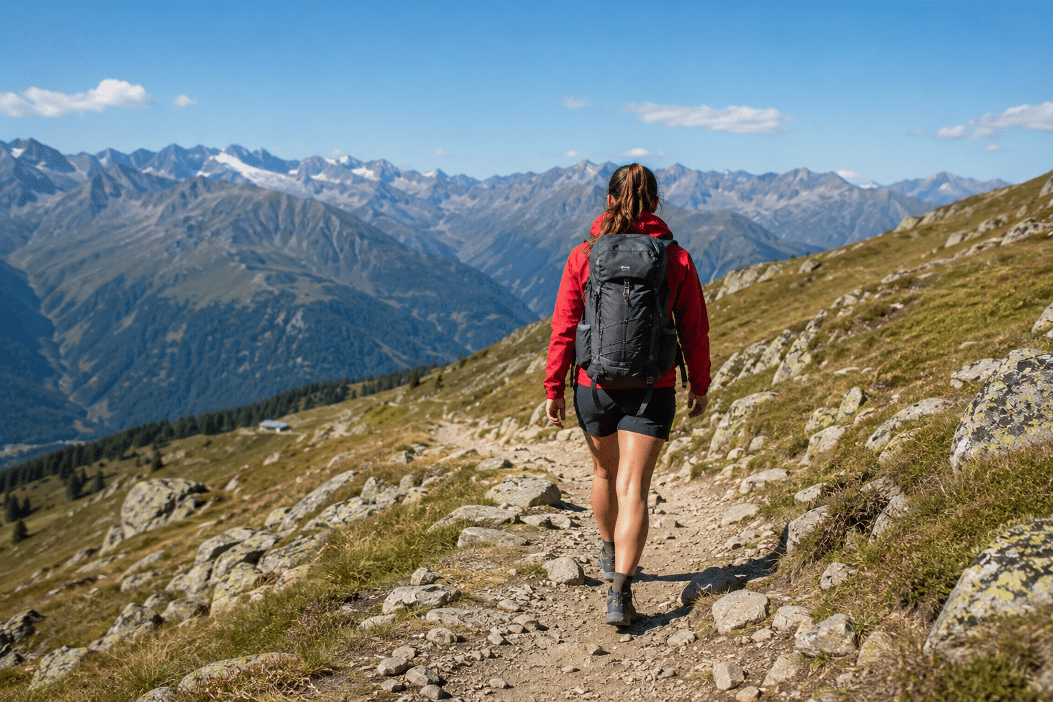 woman in a red jacket hiking on a rocky mountain trail with a backpack, overlooking rolling peaks on a sunny day