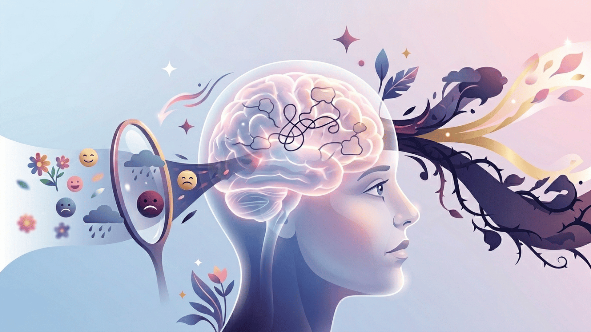 abstract illustration of negative thinking patterns in psychology, showing a brain with cognitive distortions, negativity bias, and emotional filtering using flowing shapes and contrasting lenses