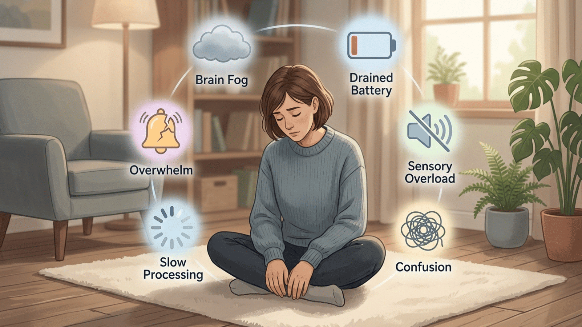 a person sitting in a quiet dim room, looking mentally and physically exhausted