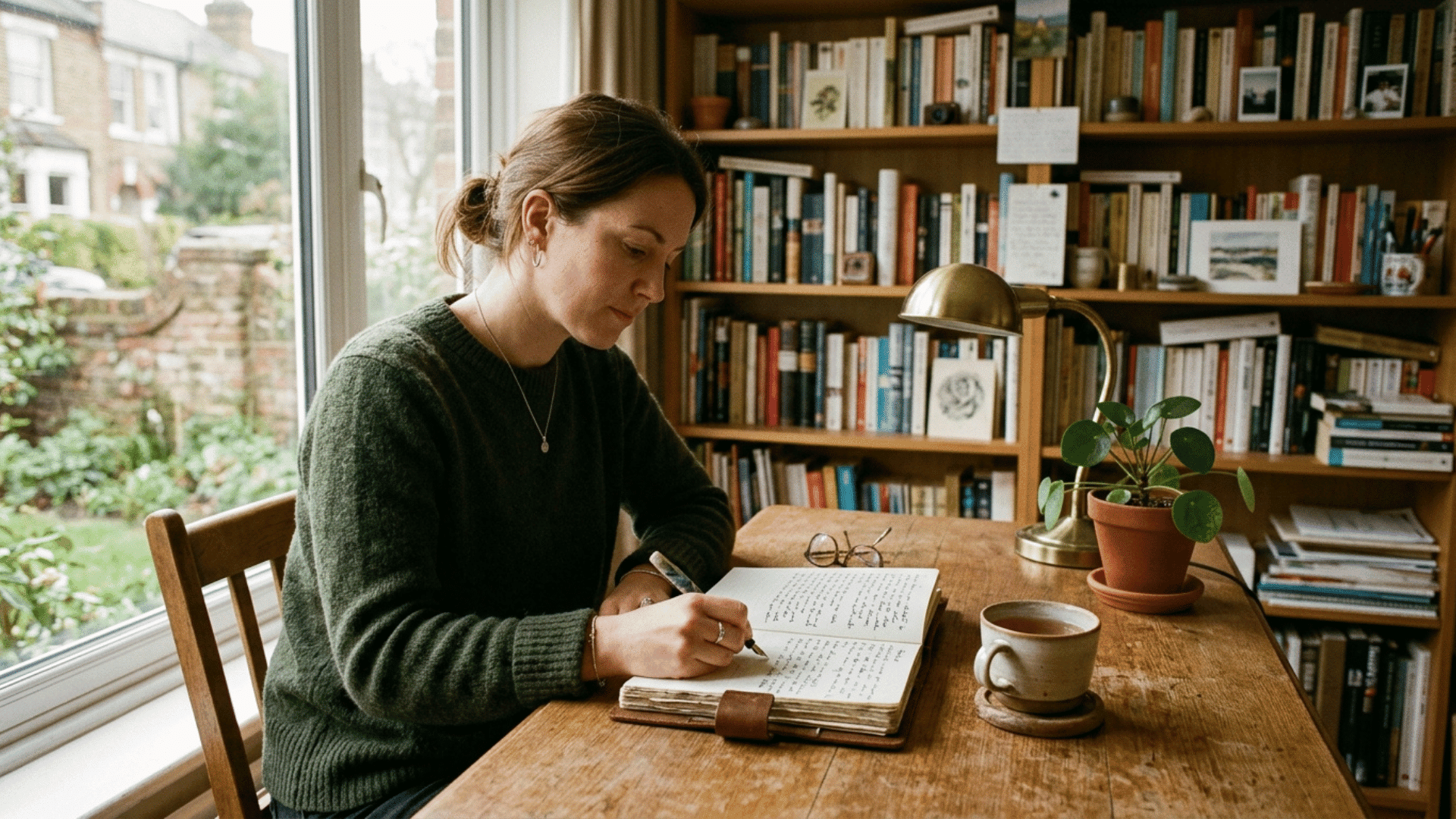 a woman is sitting quitely on her desk, writing in her journal diary