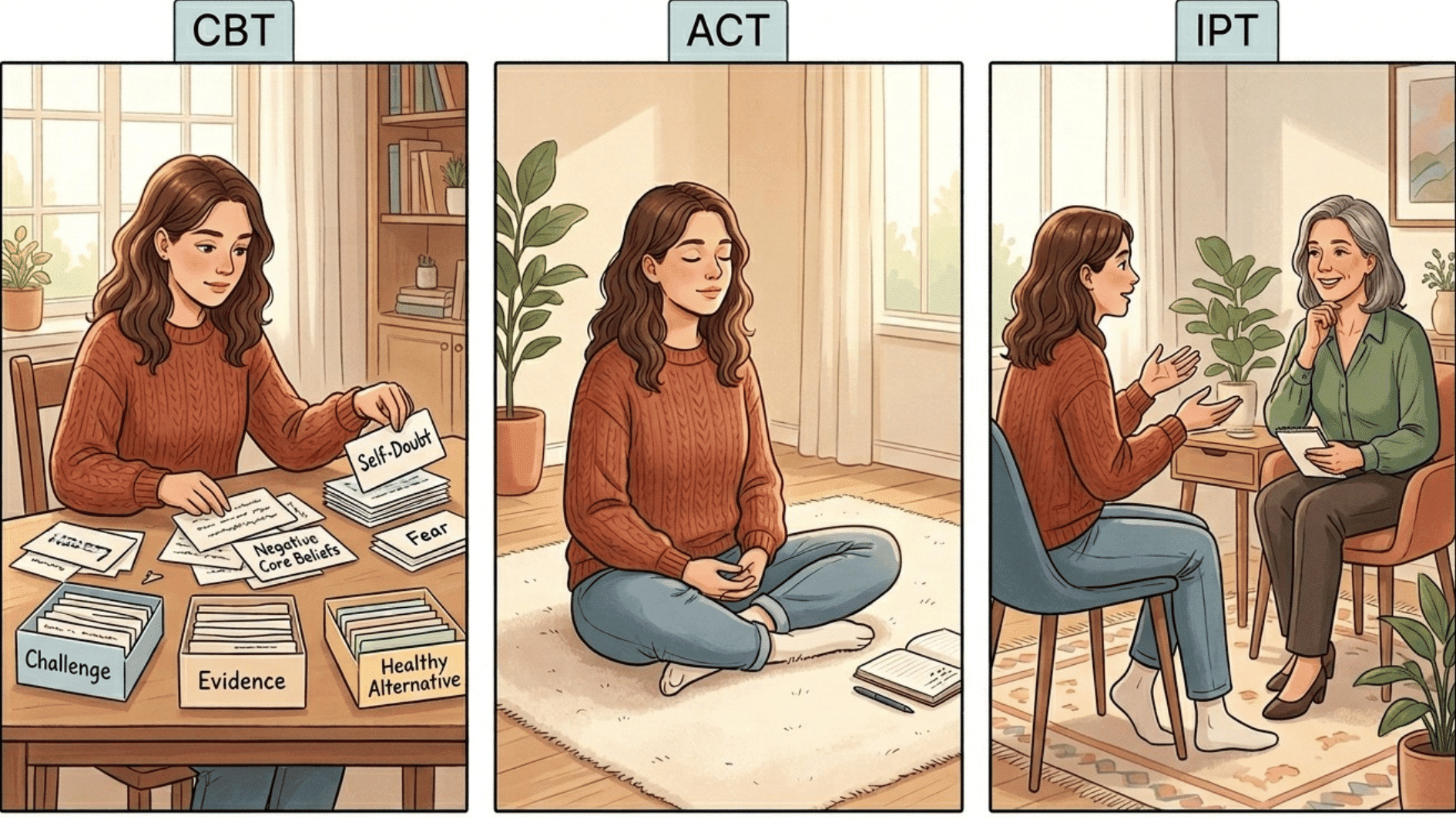 an educational illustration showing three types of therapy