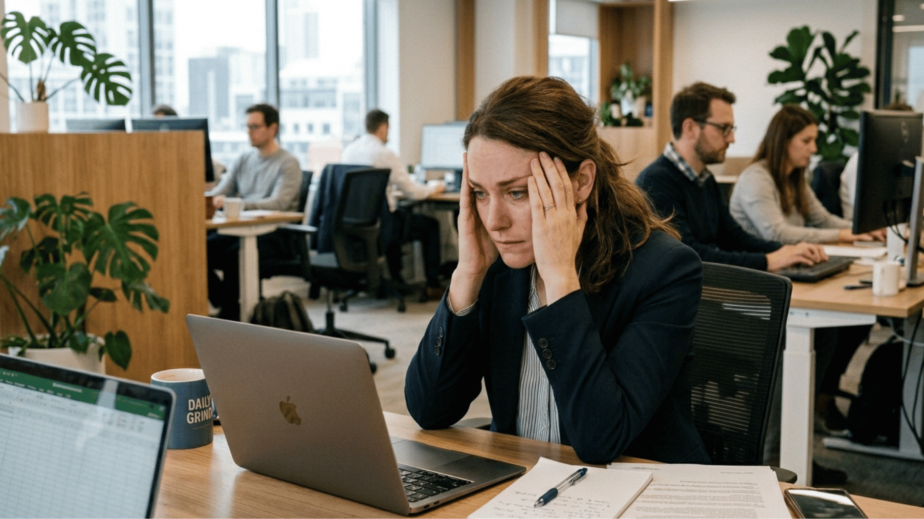 woman sitting at office desk looking exhausted and overwhelmed with work stress staring at computer with tired expression