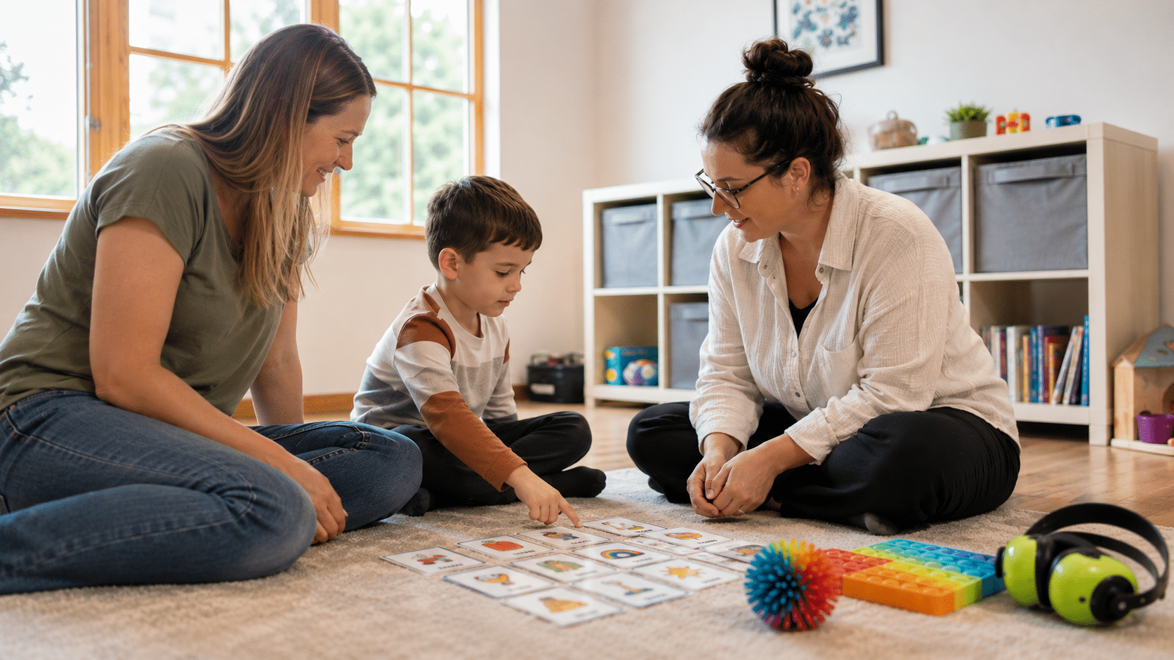 therapist guides a child using picture cards as a parent observes in a bright, calm, sensory-friendly home room