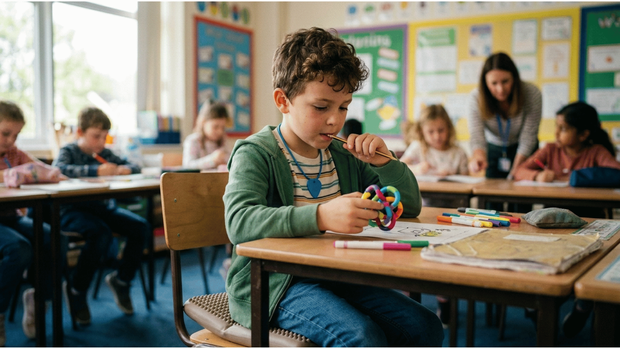 a child in a classroom uses a colorful fidget toy while working at a desk chewing on a pencil as classmates complete assignments in the background