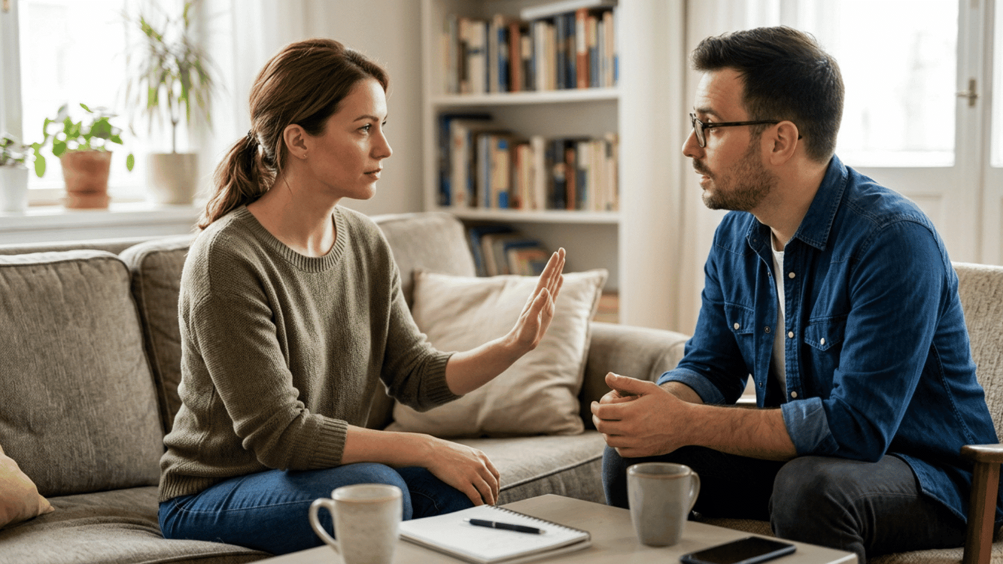 a couple having a calm conversation where one person gently sets personal boundaries while the other listens