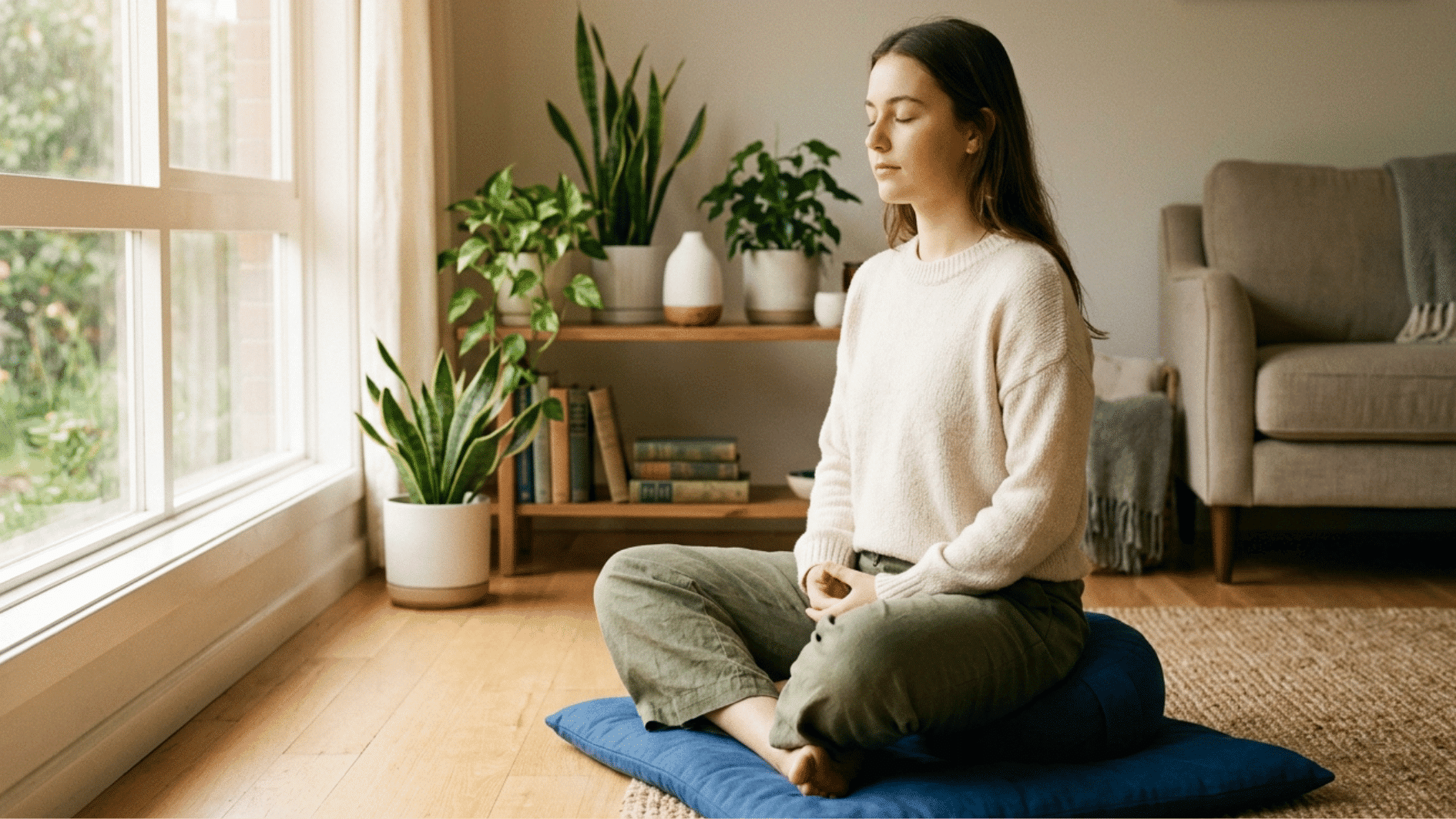 a woman meditating in a peaceful home environment, representing mental health recovery