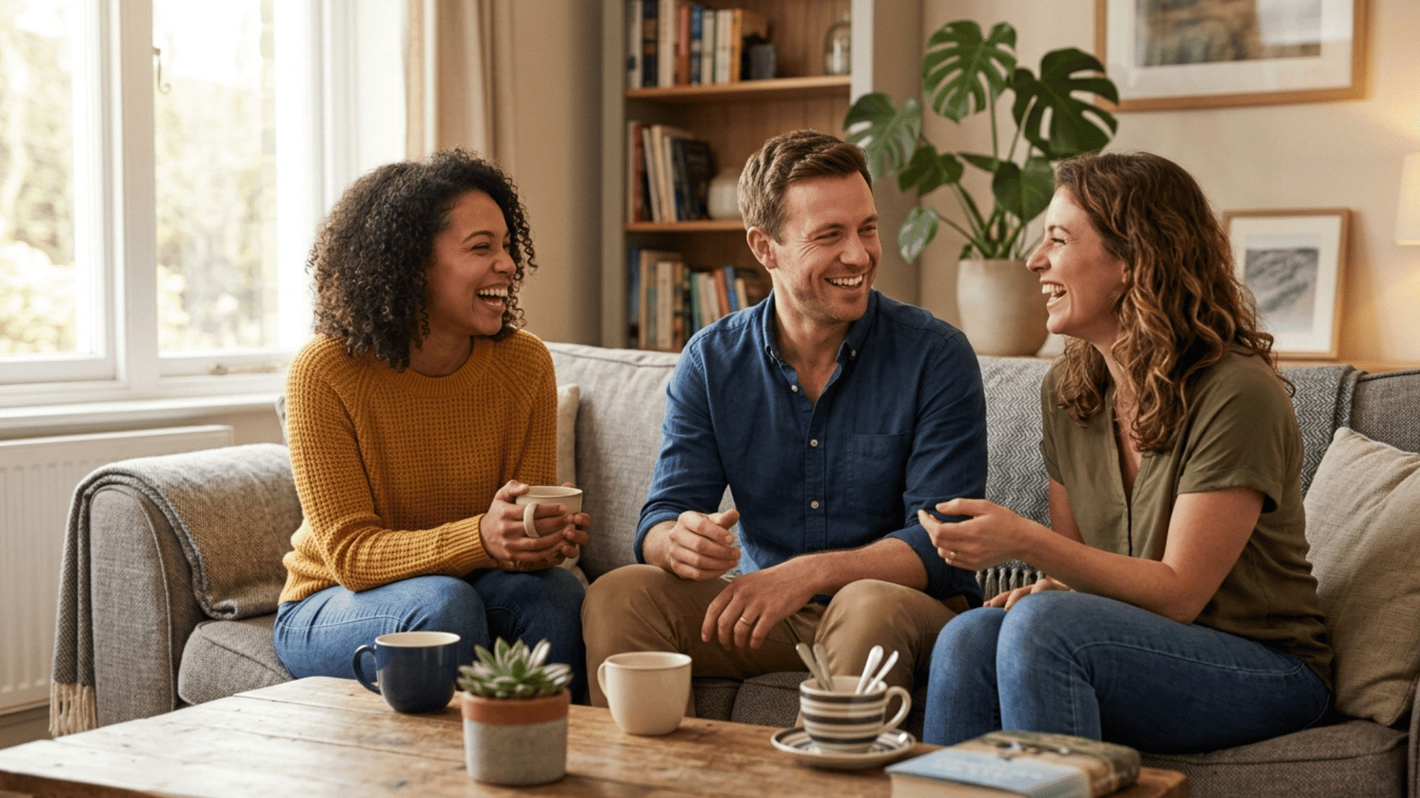group of friends laughing together during a casual conversation in a cozy living room while sharing coffee