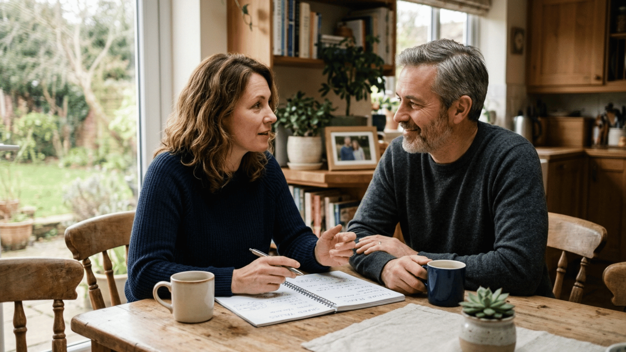couple discussing shared values and beliefs plans at a kitchen table with coffee mugs and a notebook