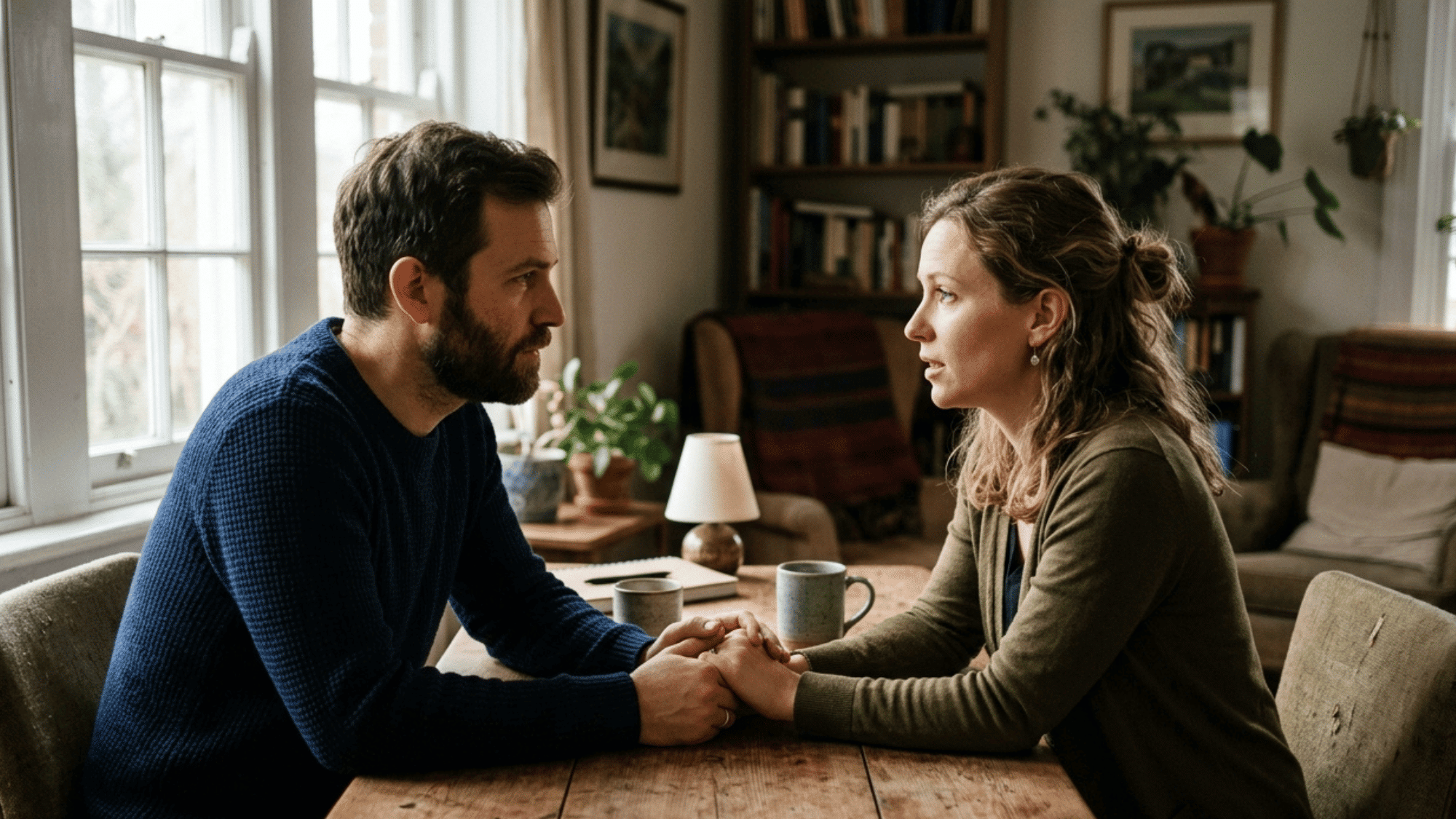 couple sitting across a wooden table holding hands during a serious heartfelt conversation in a cozy living room