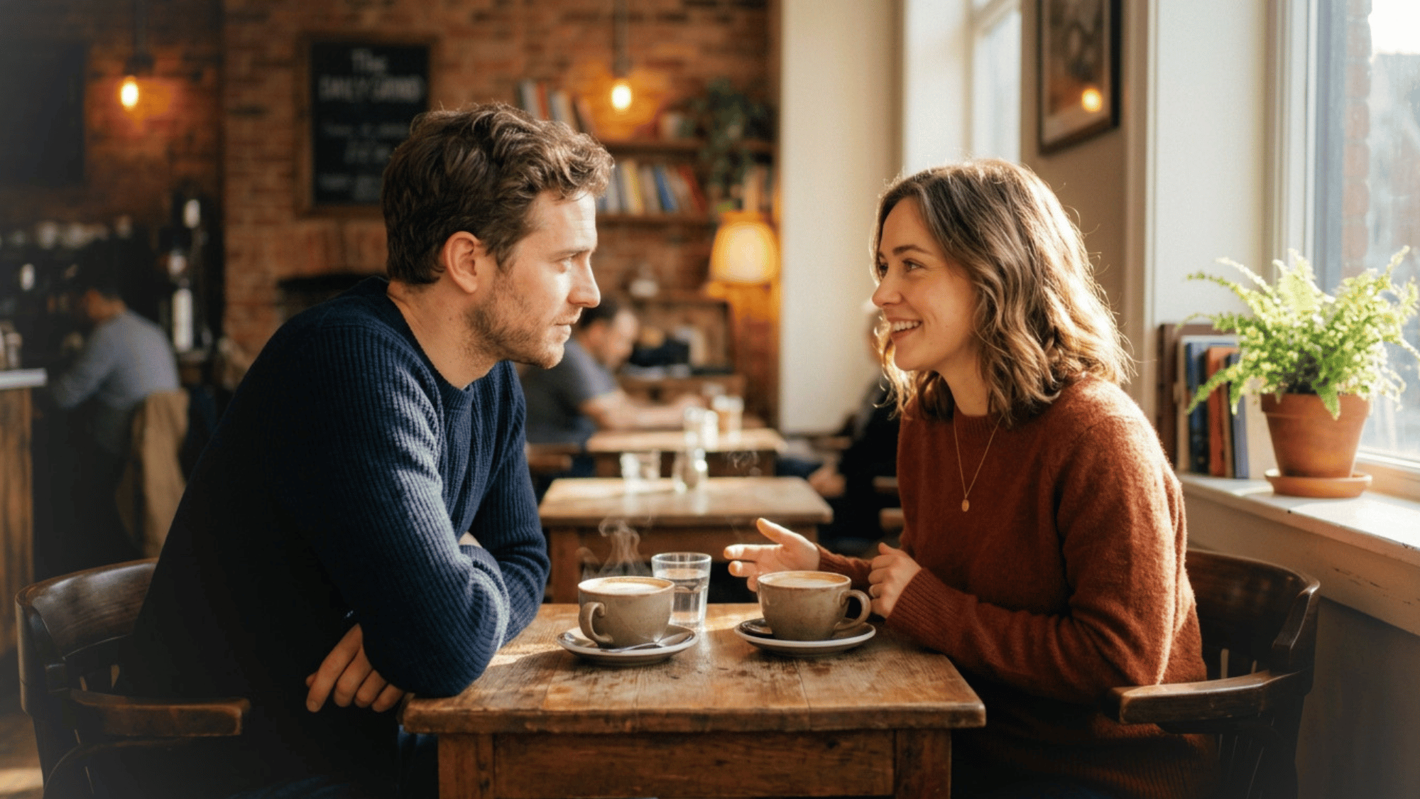 man and woman having a meaningful conversation over coffee at a cozy café while maintaining warm eye contact
