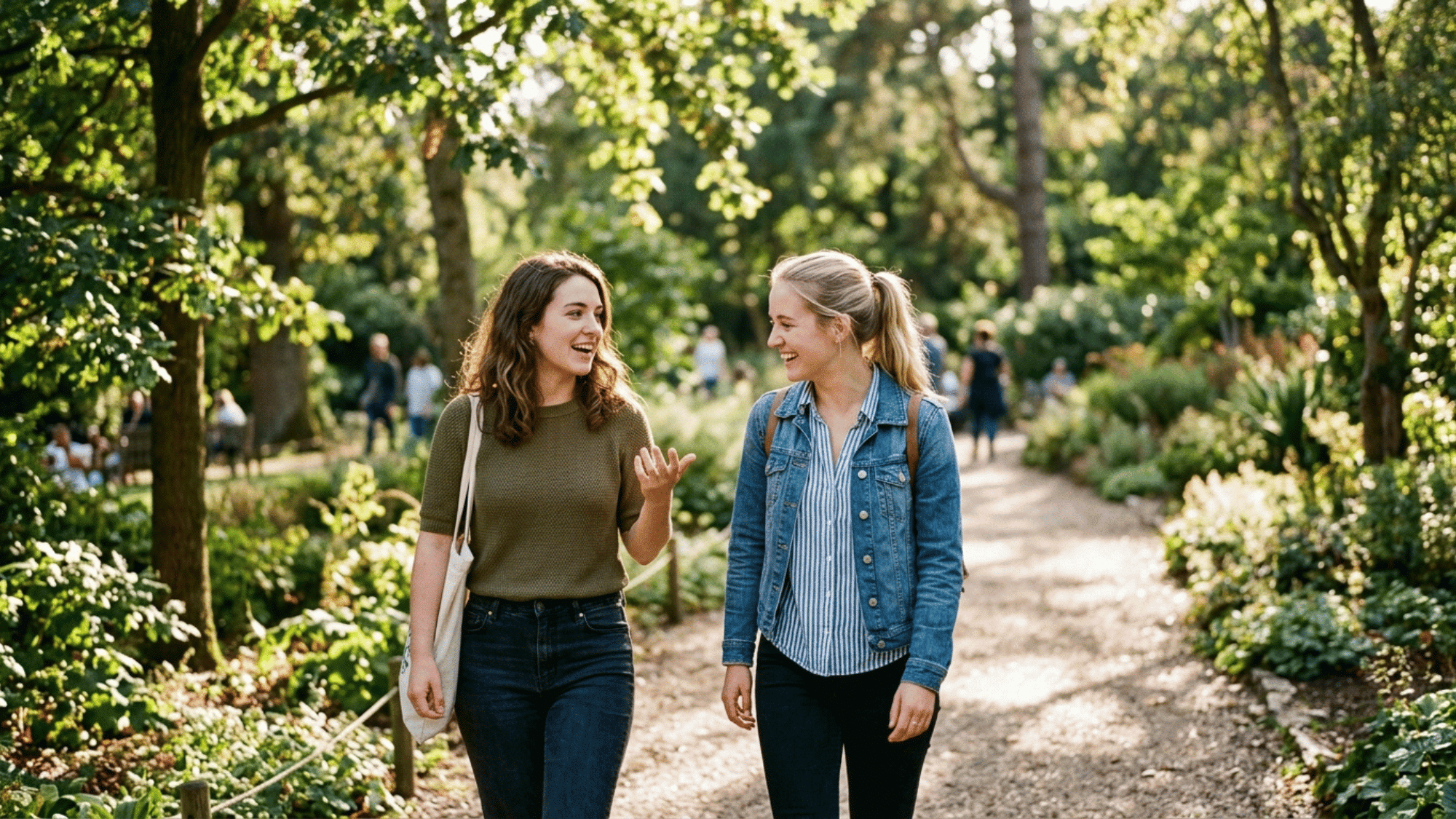 two women walk together along a sunlit garden path, smiling and talking as they enjoy each other’s company in a relaxed outdoor setting, illustrating a close platonic friendship.