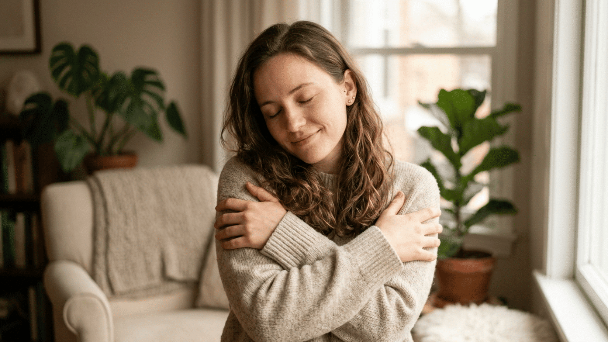 woman gently hugging herself with eyes closed in a bright cozy living room practicing self compassion and self acceptance