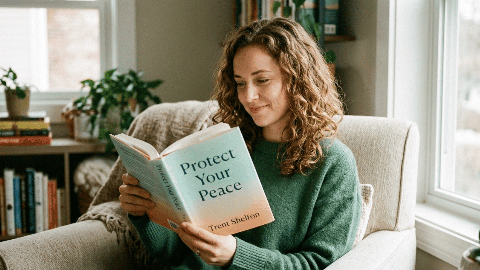 woman relaxing in a cozy armchair while reading protect your peace by trent shelton beside a window and home bookshelf