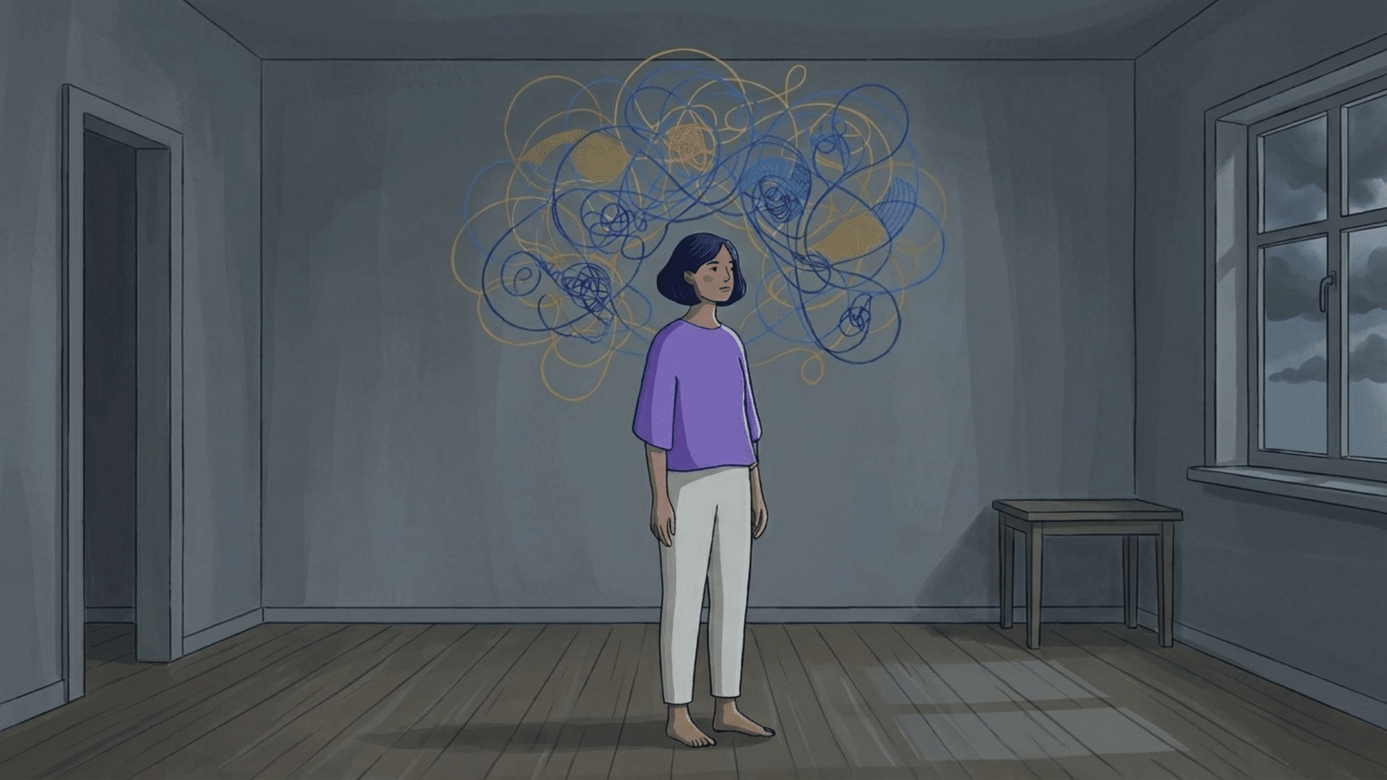 a-woman-standing-in-a-room-worrying