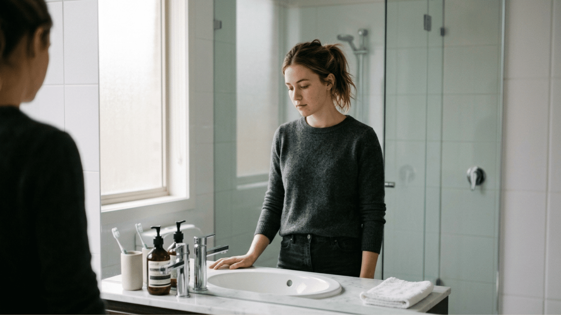 a woman standing in front of mirror and thinking something