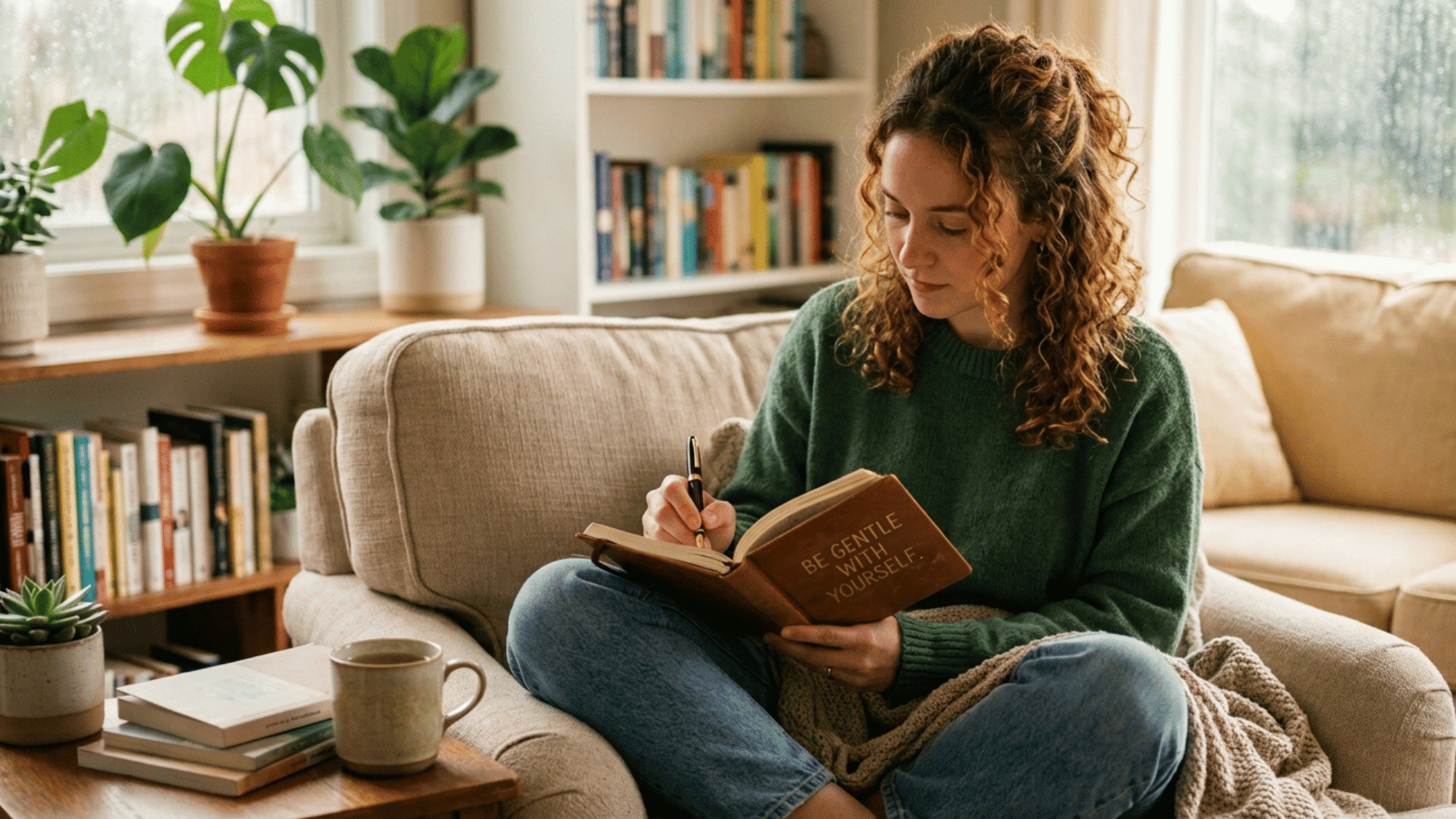 a woman writing in self care journal.