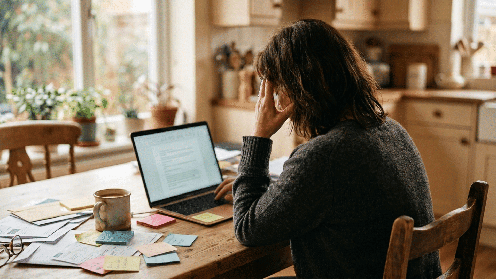 adult woman seated at a cluttered table with a to-do list and bills, head resting on hand, face not visible, reflecting how adhd feels harder with age