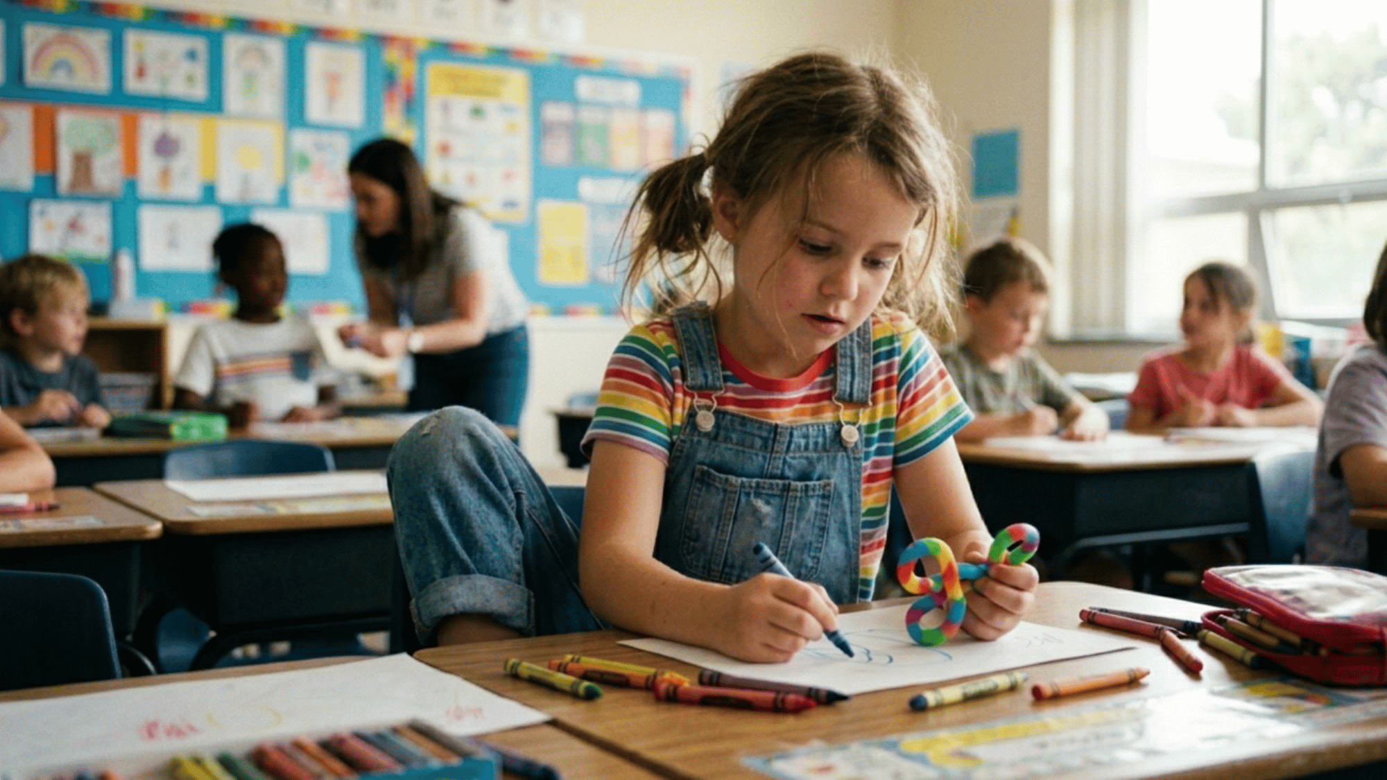 girl drawing in class while holding a fidget toy showing quiet adhd symptoms in girls