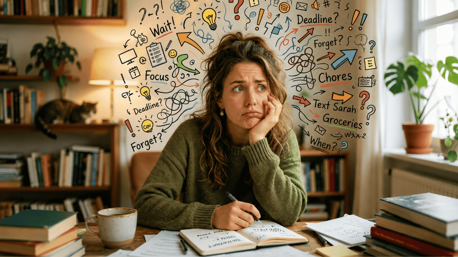 an image of a woman with multiple thoughts in her mind due to adhd