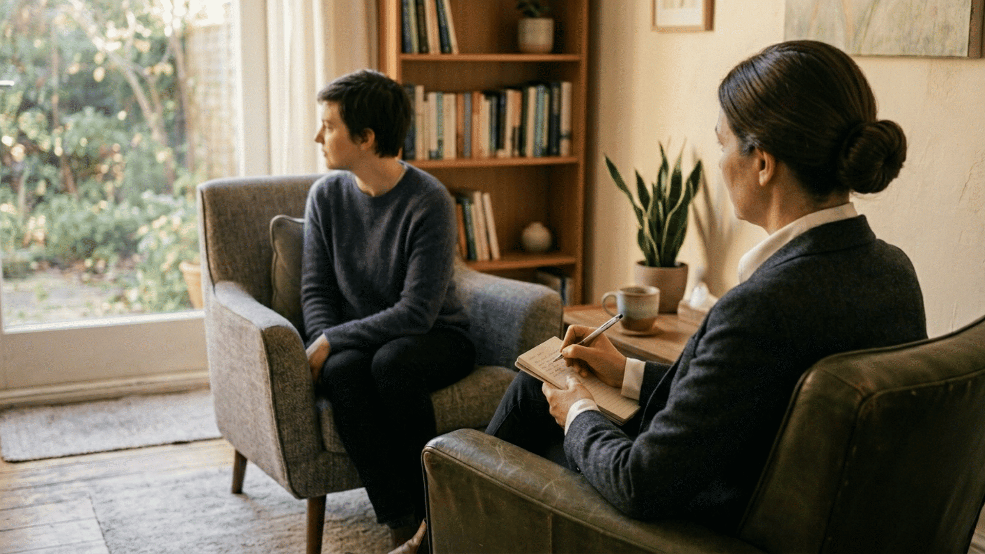 person in a counseling session with a therapist holding a notepad, faces not visible, showing support for untreated adhd